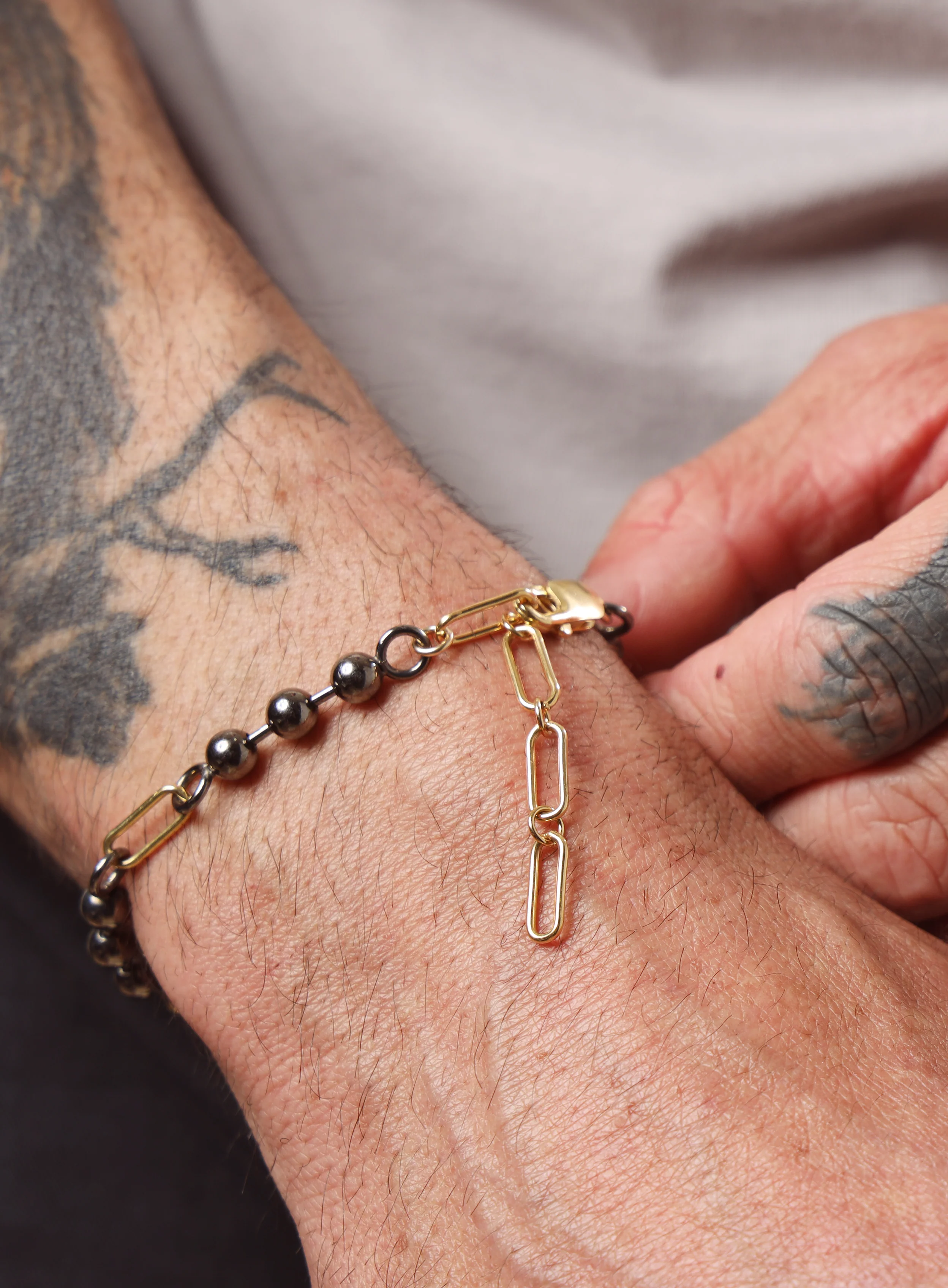 14K Gold Filled + Gunmetal Sterling Silver Ball Chain Bracelet for Men - Image 11