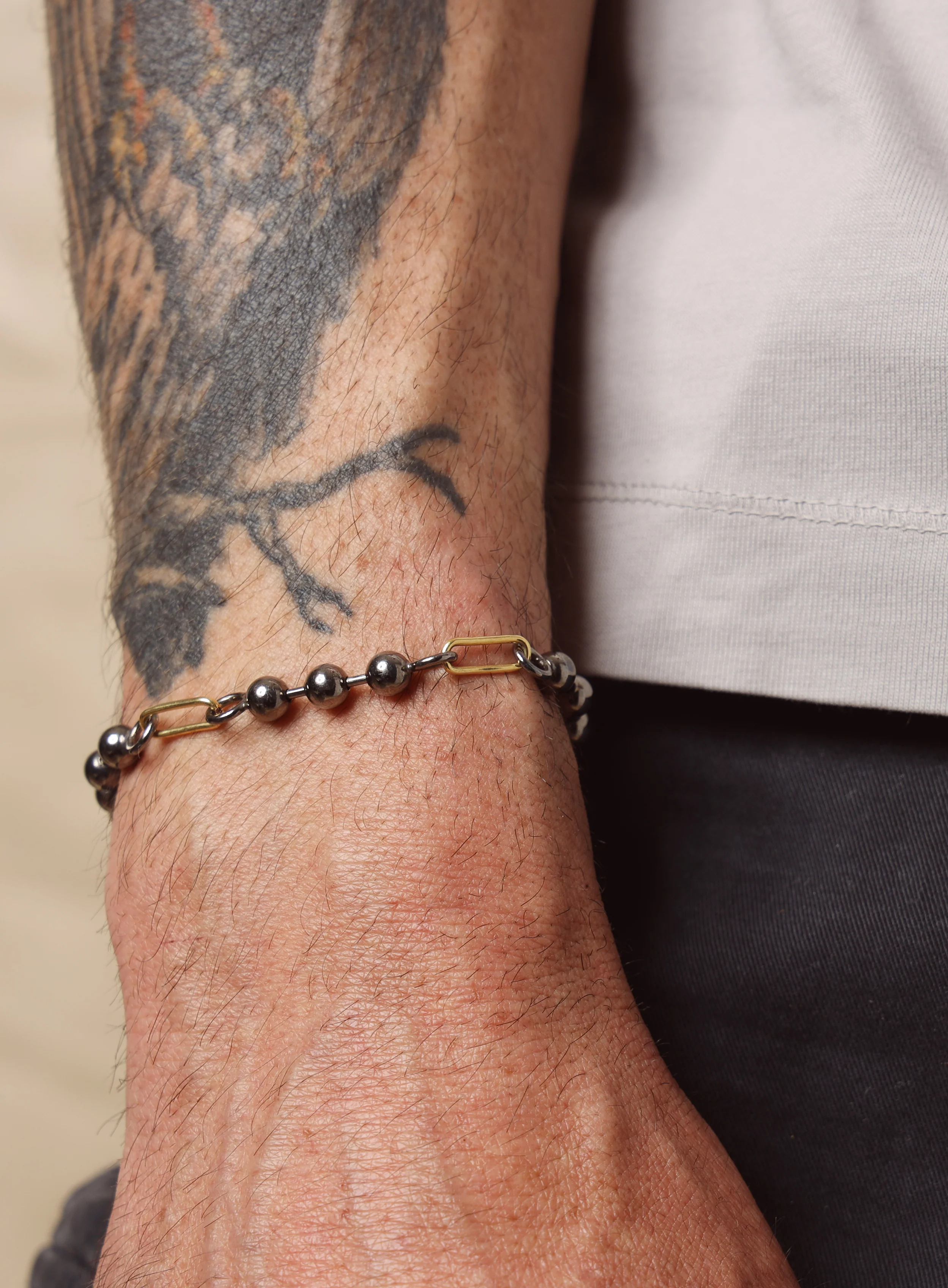 14K Gold Filled + Gunmetal Sterling Silver Ball Chain Bracelet for Men - Image 5
