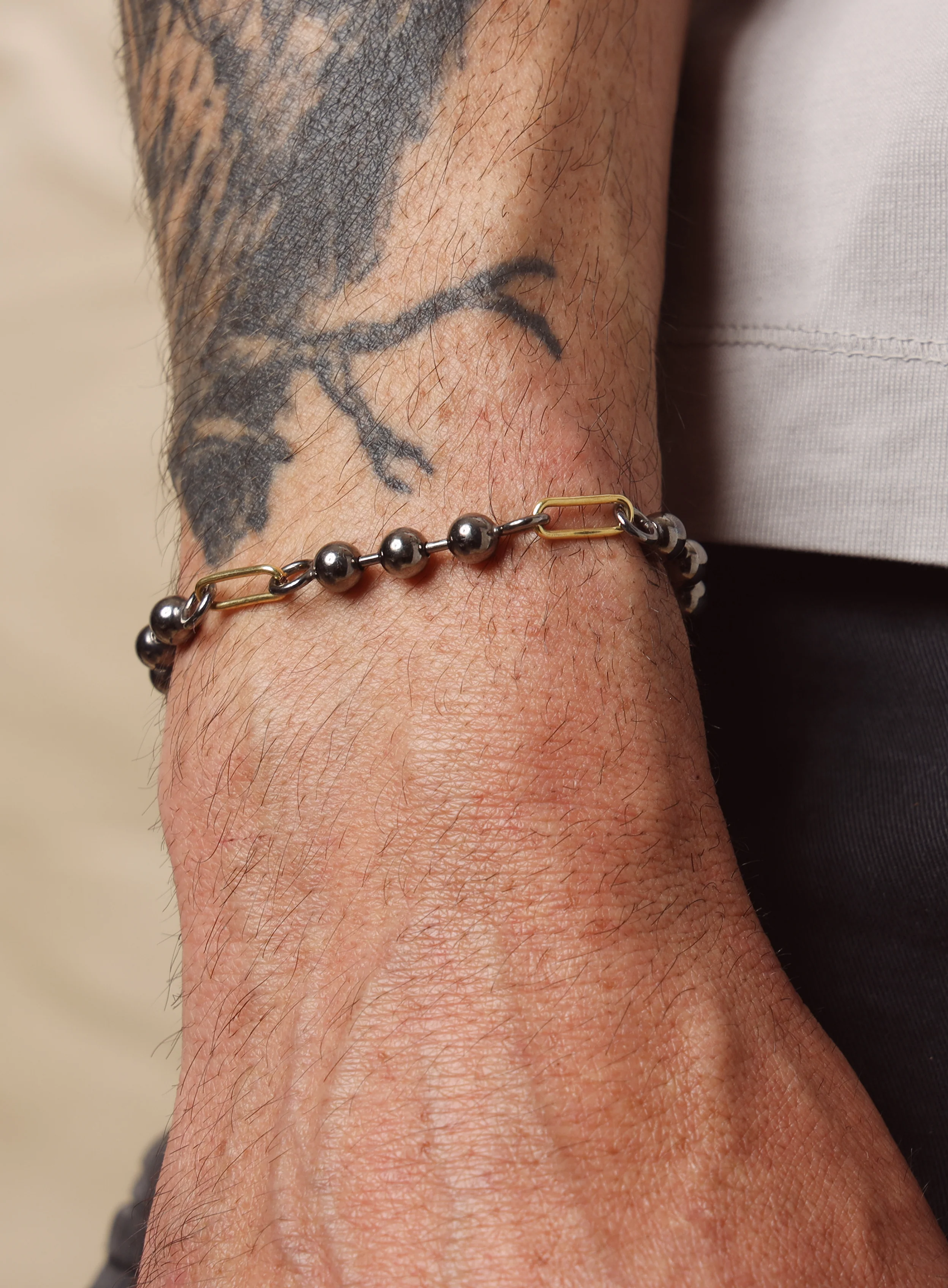 14K Gold Filled + Gunmetal Sterling Silver Ball Chain Bracelet for Men - Image 7