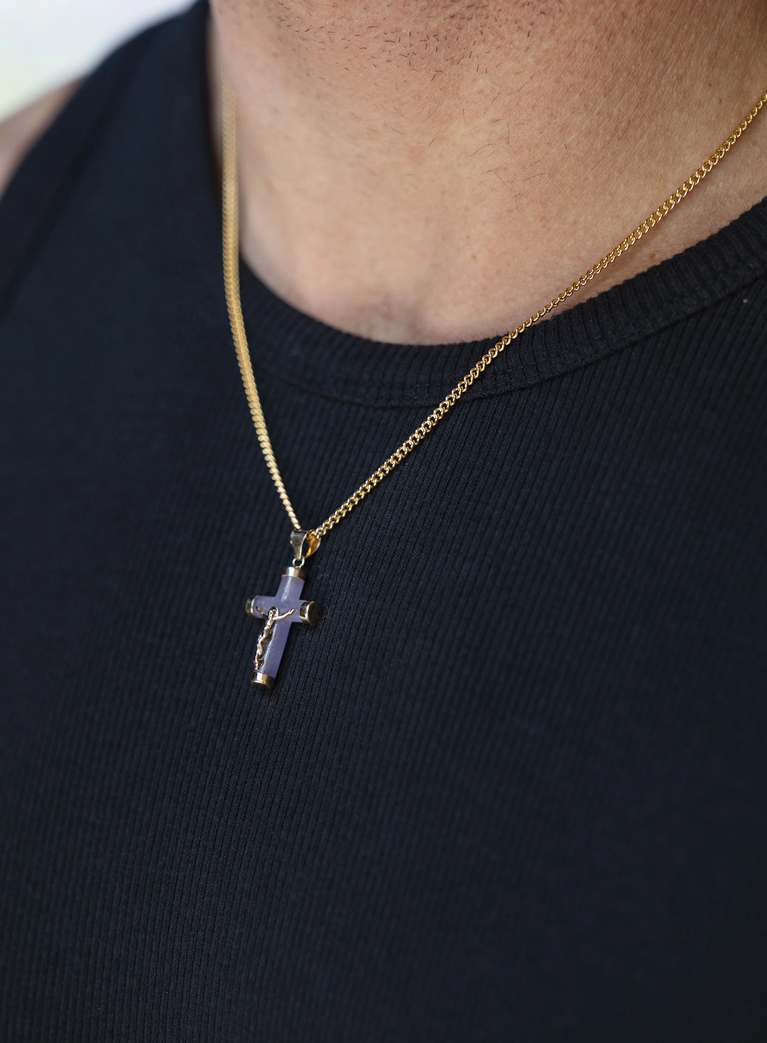 14k Gold Purple Quartz Cross on 14k Gold Filled Curb Chain - Image 3