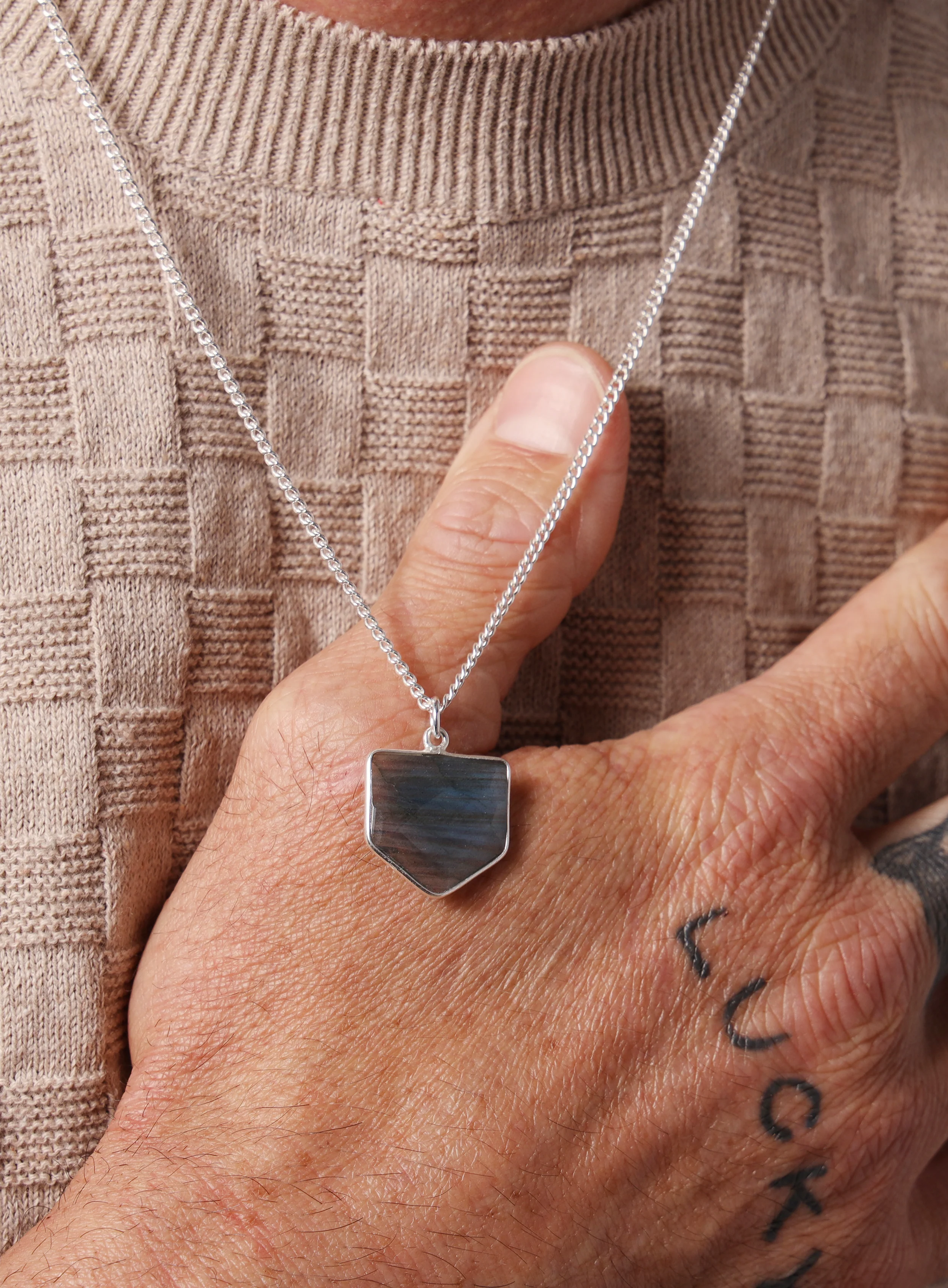 925 Sterling Shield Shape Genuine Labradorite Pendant Necklace - Image 3