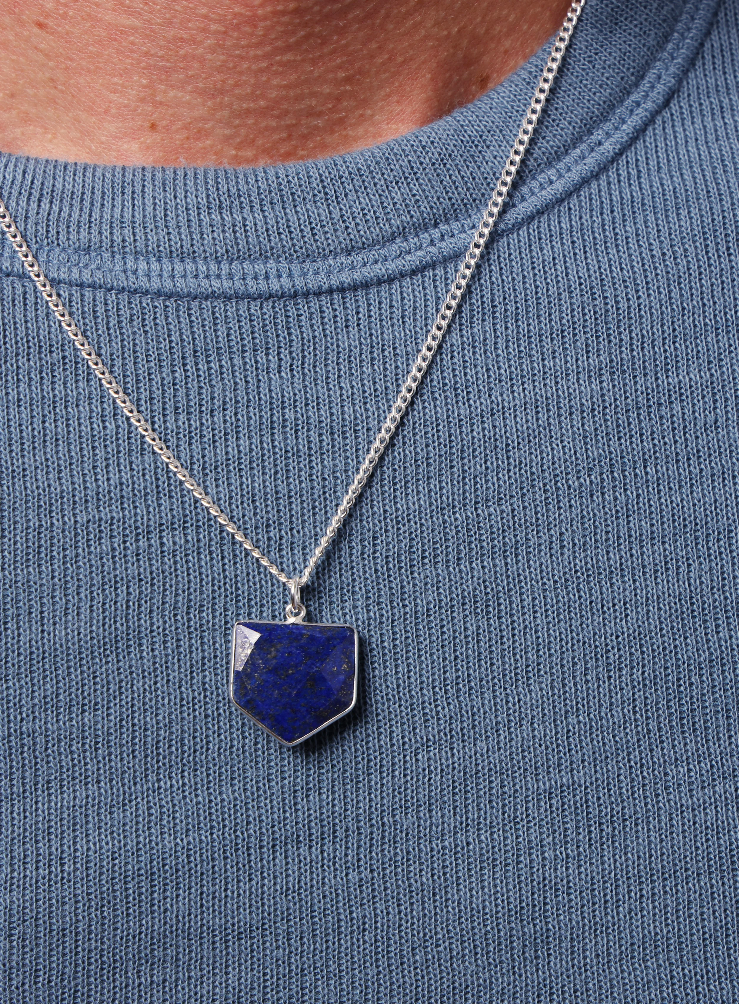 925 Sterling Shield Shape Genuine Lapis Lazuli Pendant Necklace - Image 7