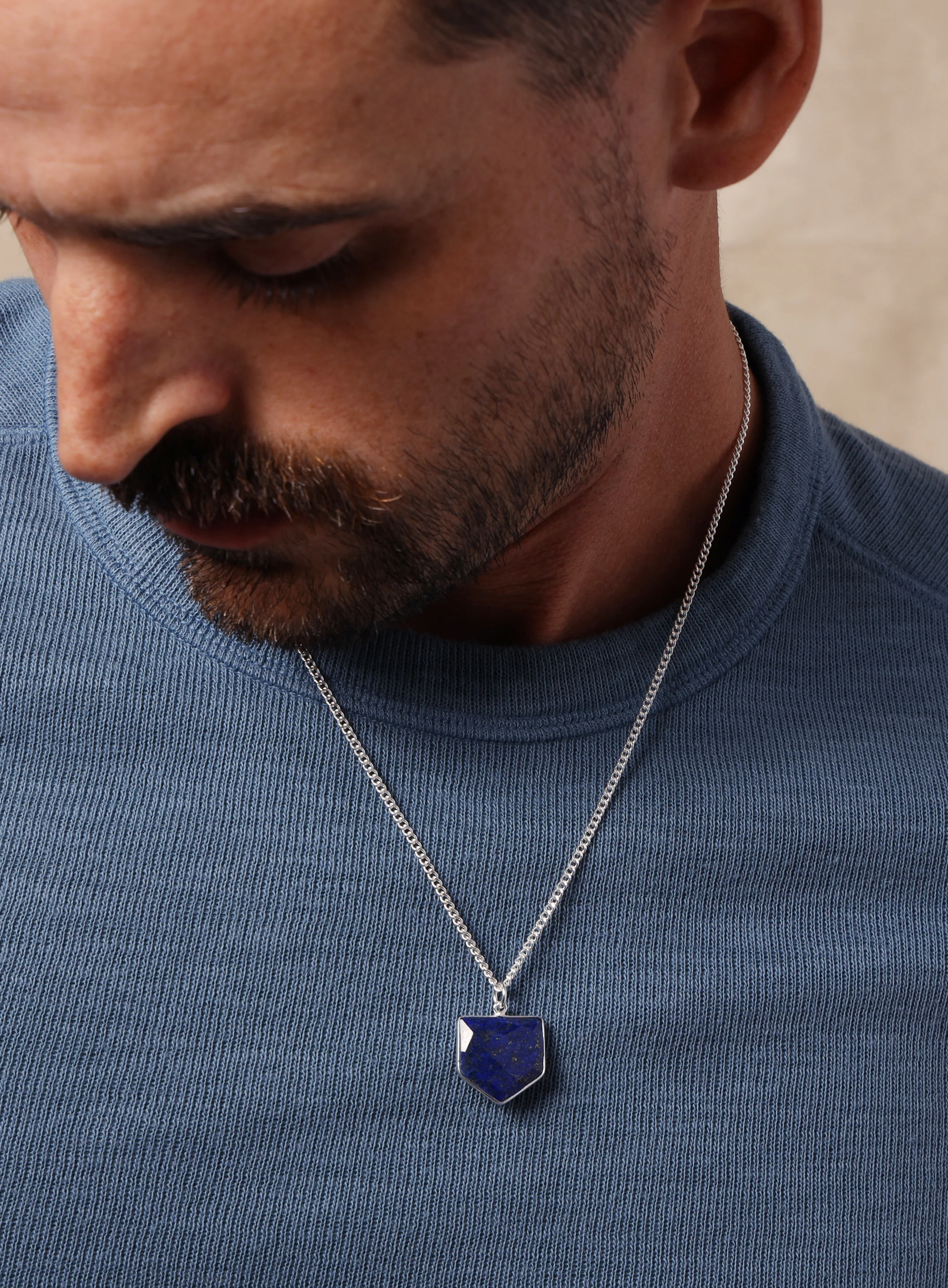 925 Sterling Shield Shape Genuine Lapis Lazuli Pendant Necklace - Image 8