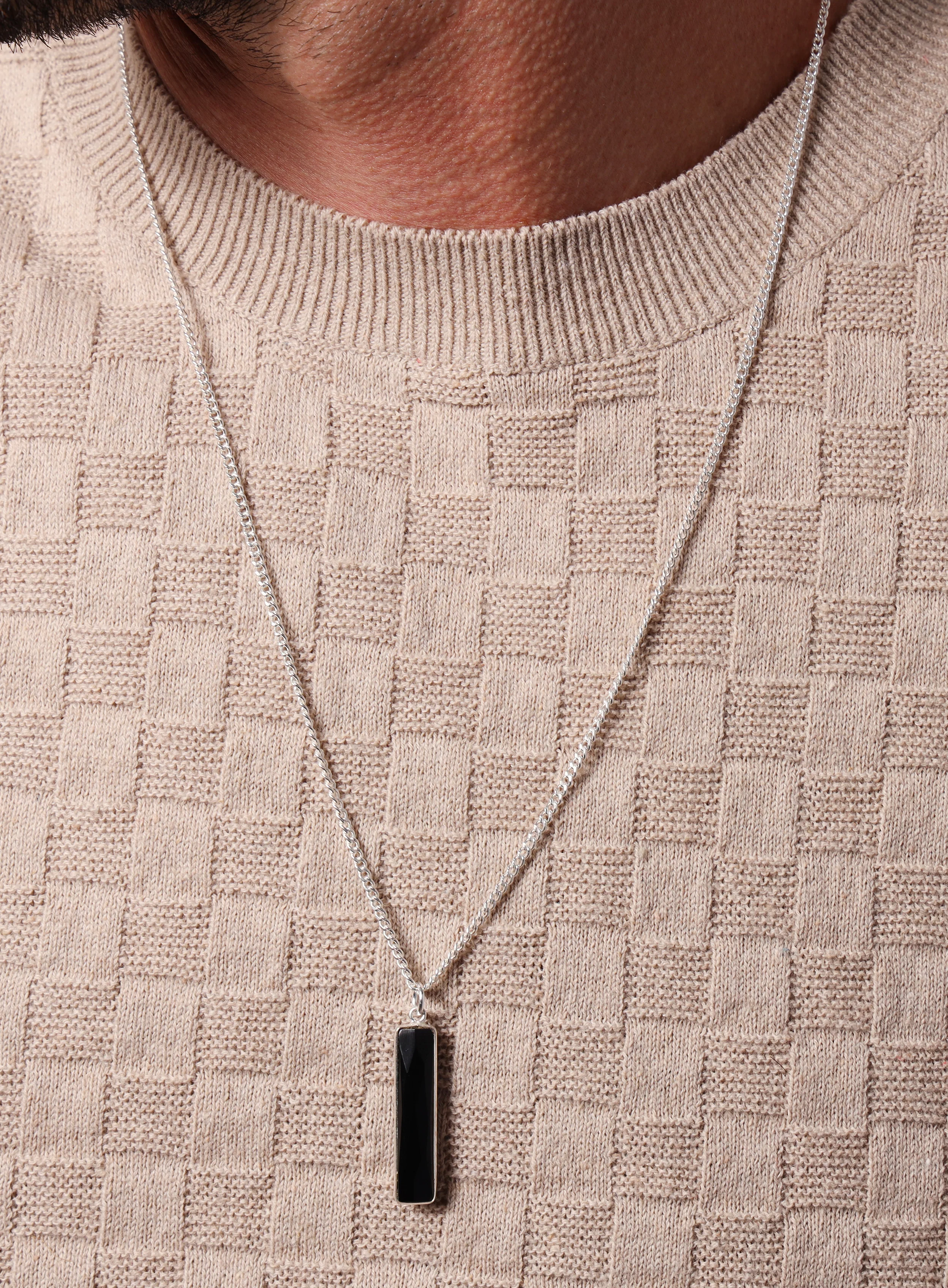 925 Sterling Silver Black Onyx Long Bar Chain Necklace - Image 8