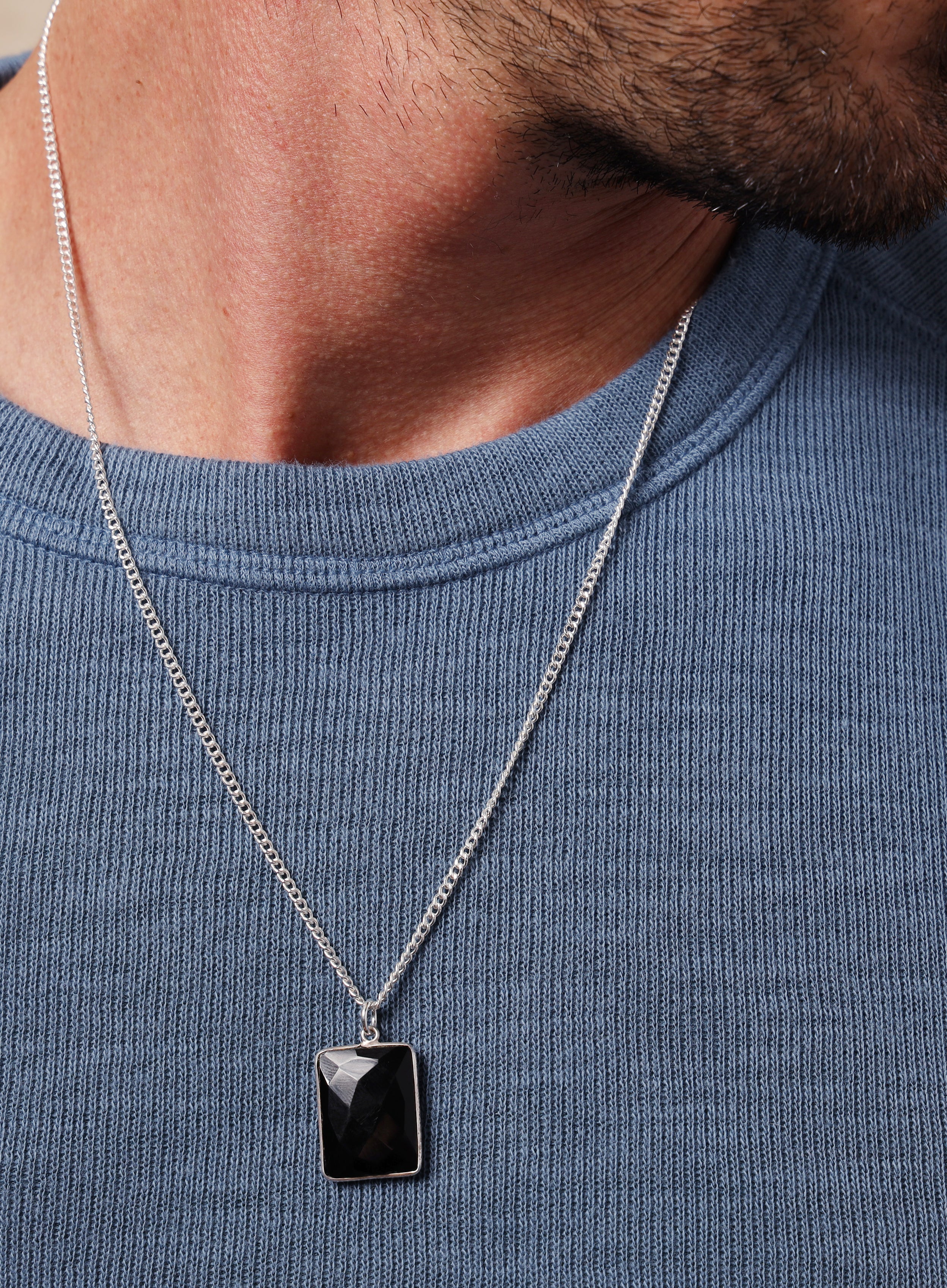 925 Sterling Silver Genuine Black Onyx Pendant Chain Necklace - Image 7