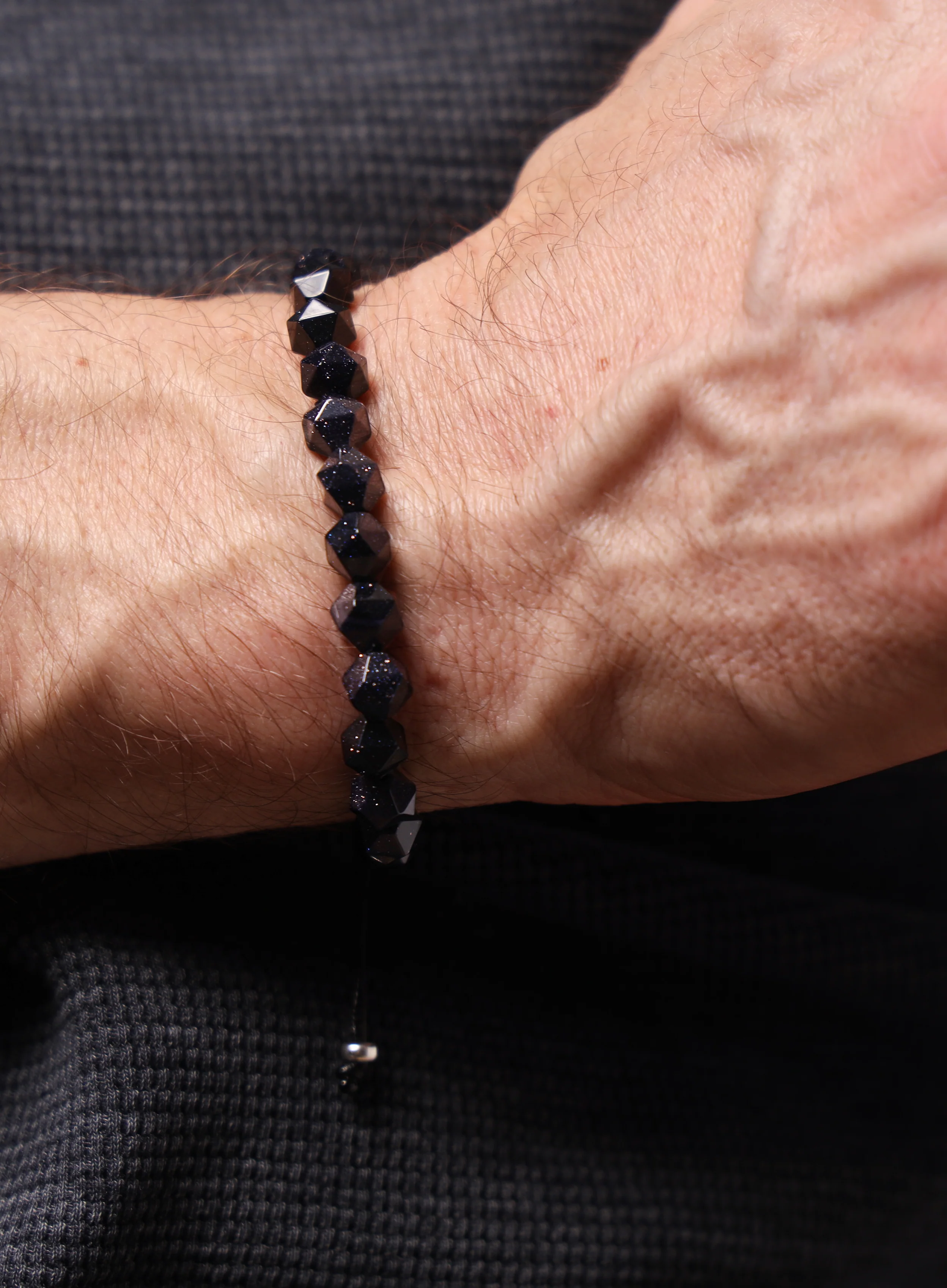 Blue Goldstone and Sterling Silver Men's Bead Bracelet - Image 3