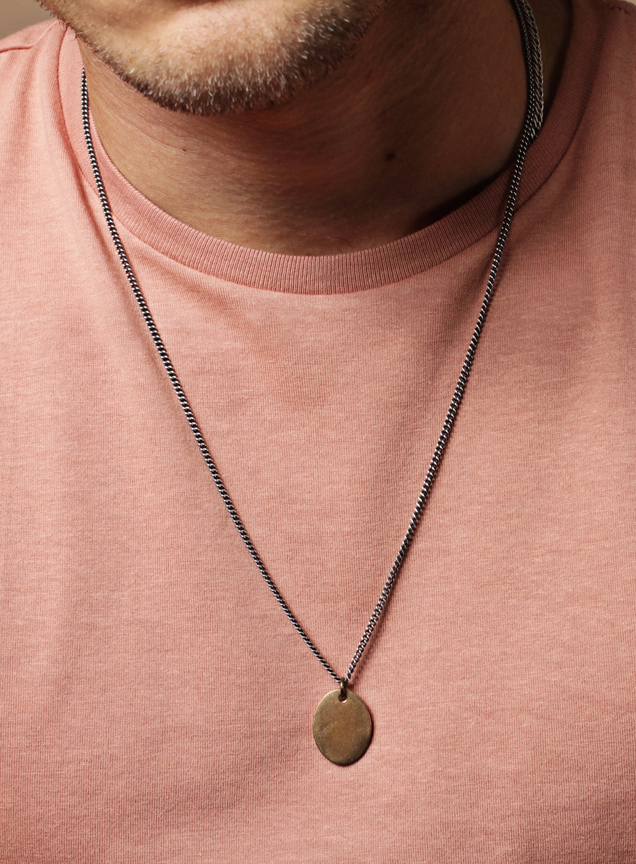 Bronze oval tag & Oxidized sterling silver men's curb chain necklace - Image 3