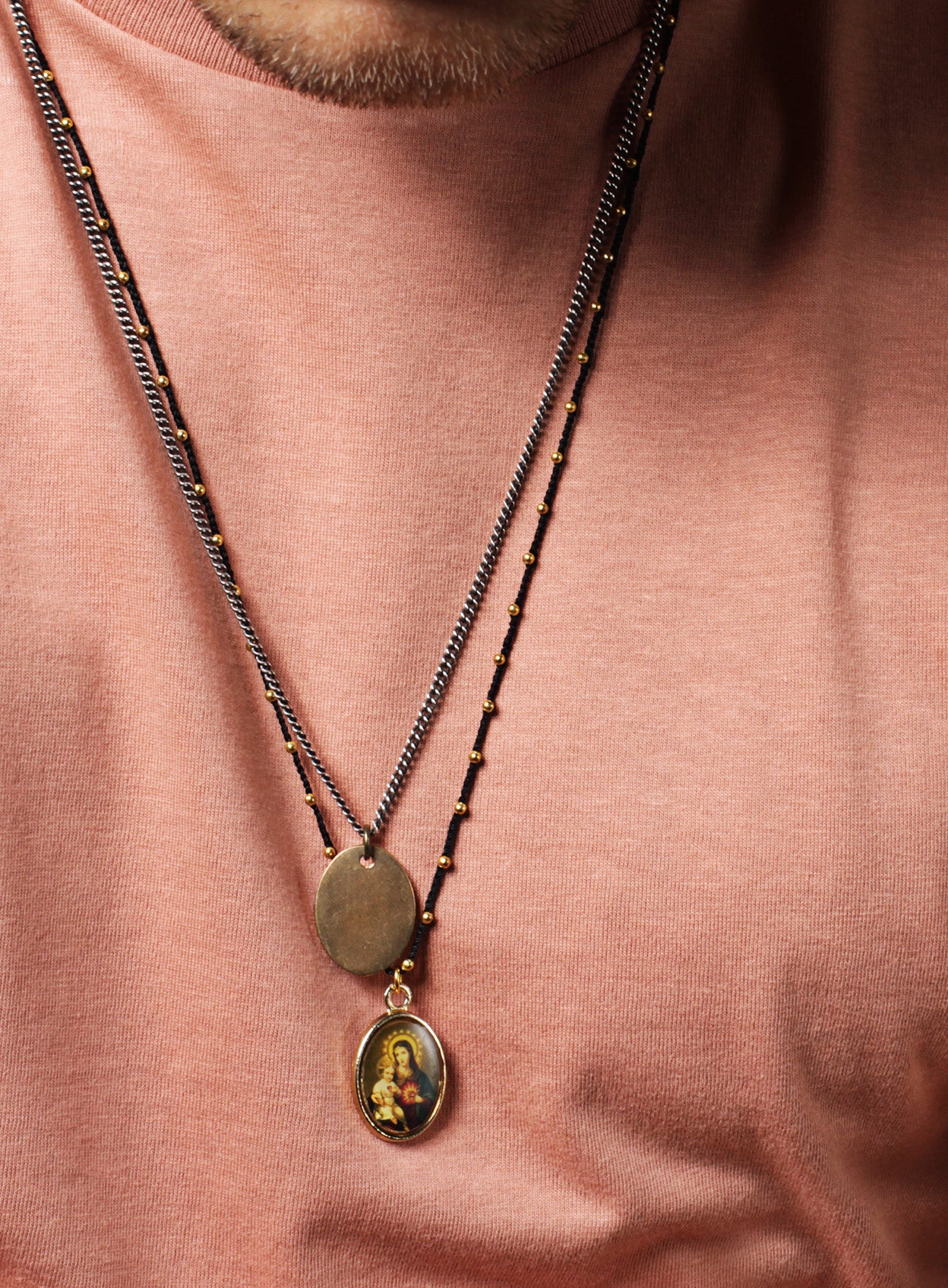 Bronze oval tag & Oxidized sterling silver men's curb chain necklace - Image 5