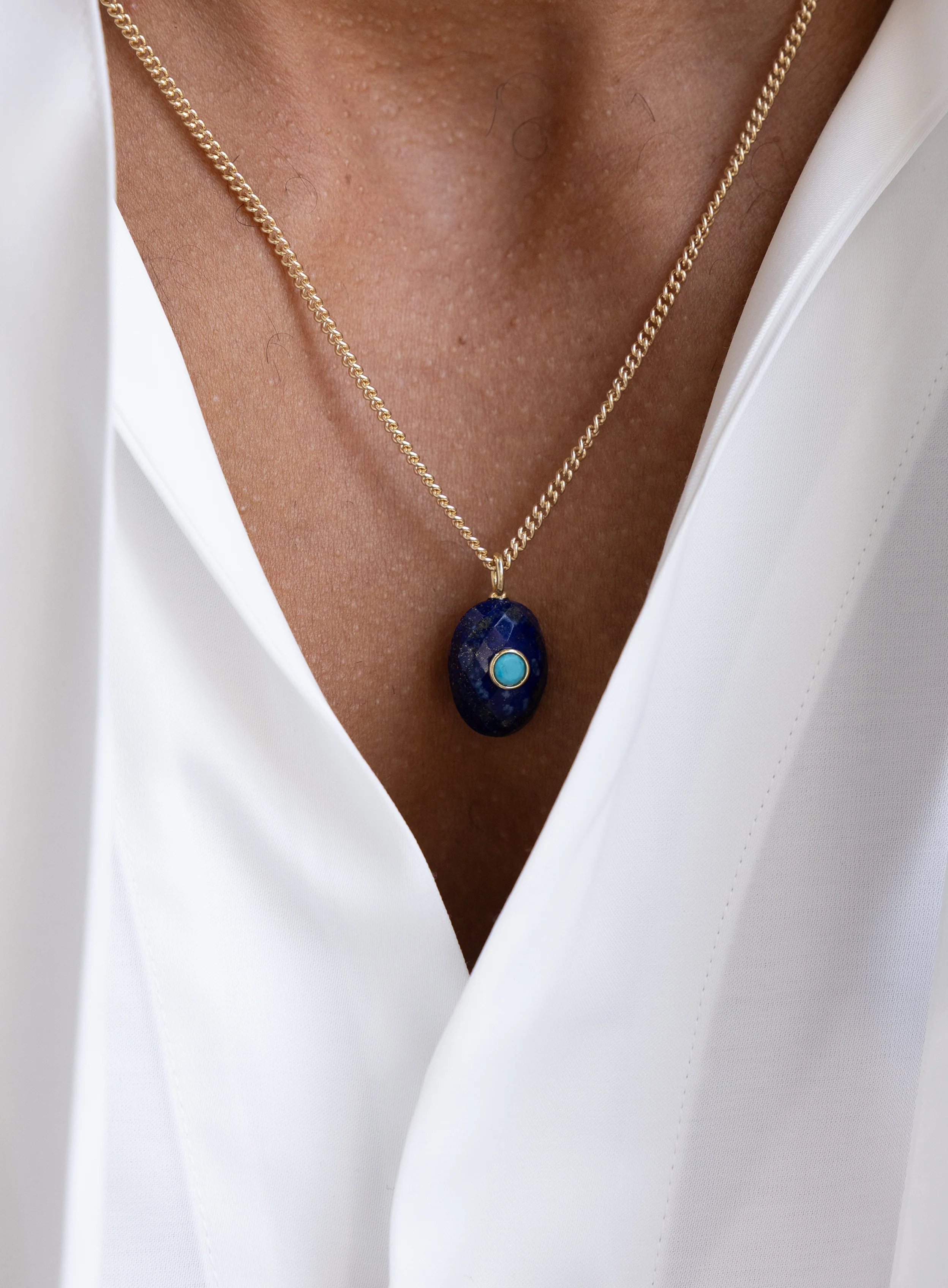 Genuine Lapis Lazuli and Turquoise Pendant Necklace on 14k Gold Filled Chain - Image 3