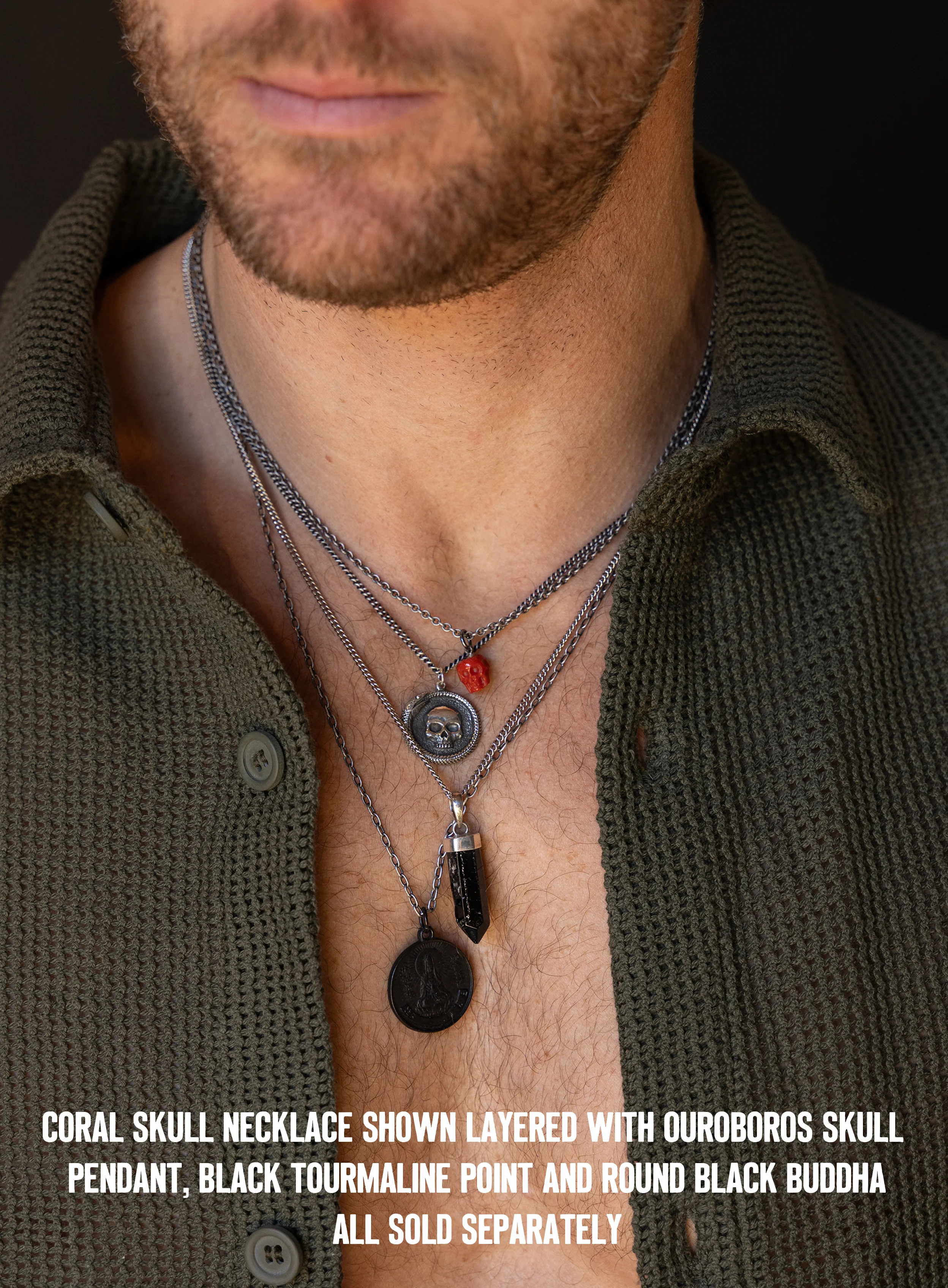 Genuine Red Coral Skull Pendant Necklace for Men - Image 2