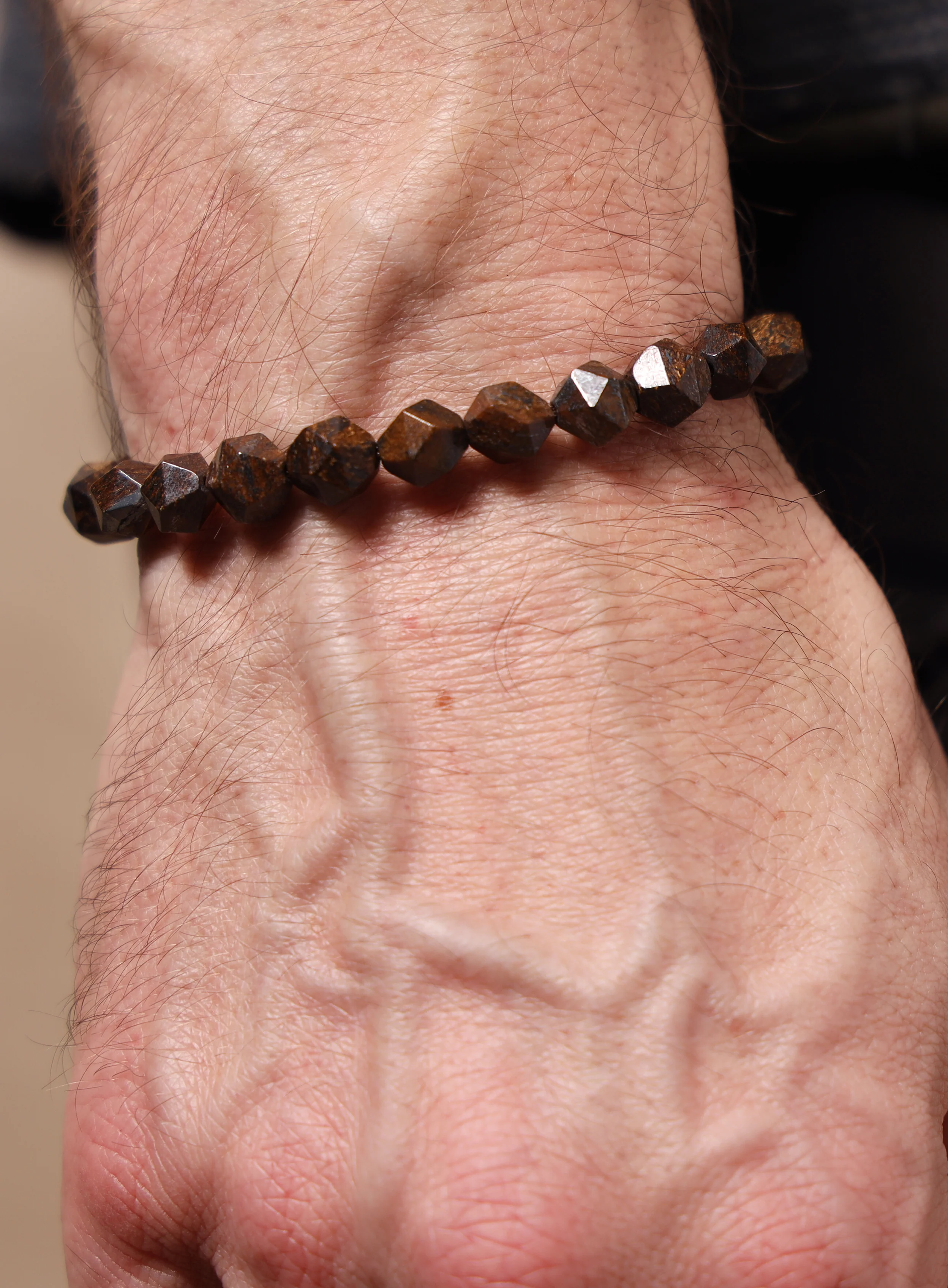 Geometric Bronzite and Sterling Silver Bead Bracelet for Men - Image 3