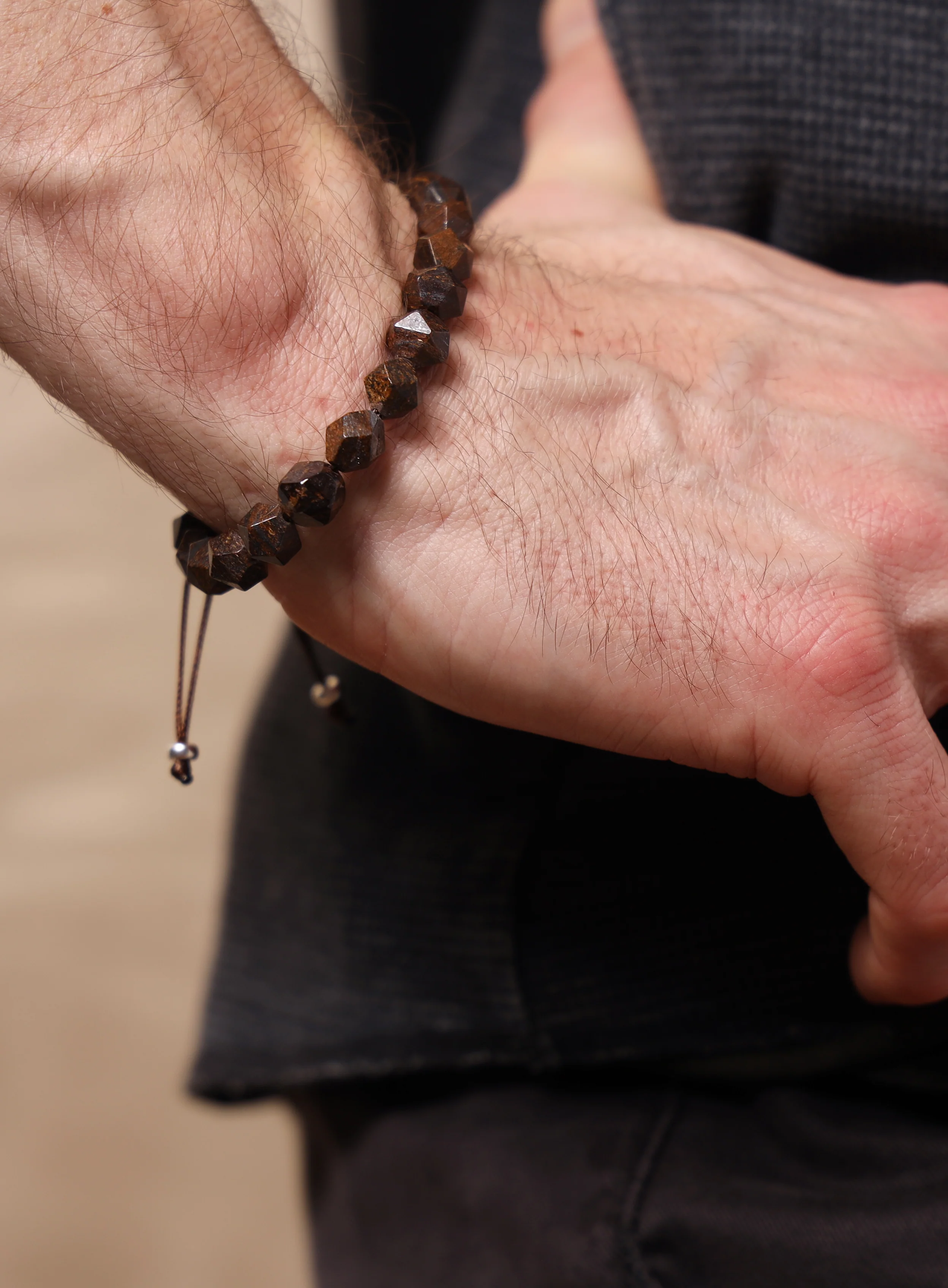 Geometric Bronzite and Sterling Silver Bead Bracelet for Men - Image 5
