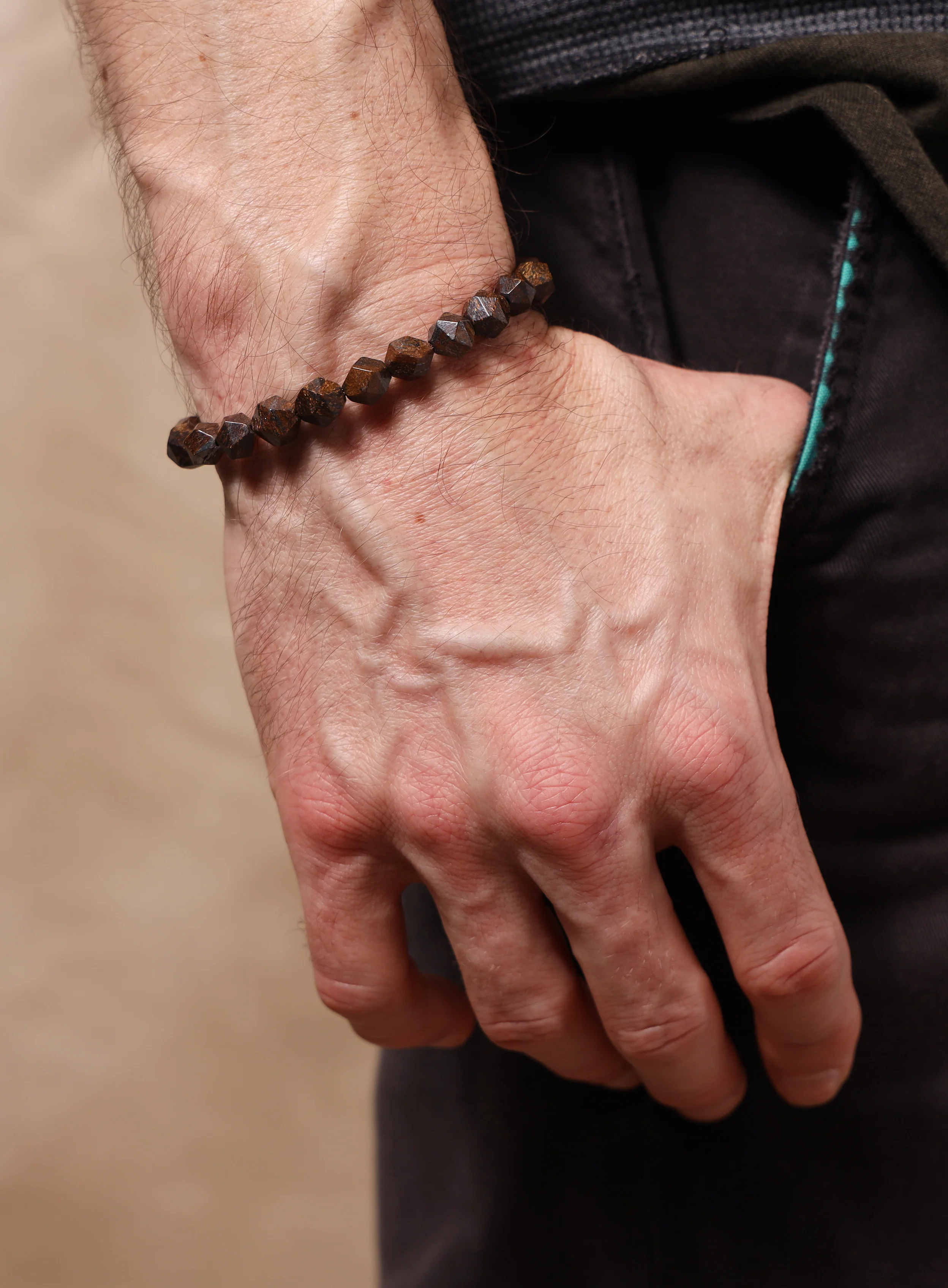 Geometric Bronzite and Sterling Silver Bead Bracelet for Men - Image 9