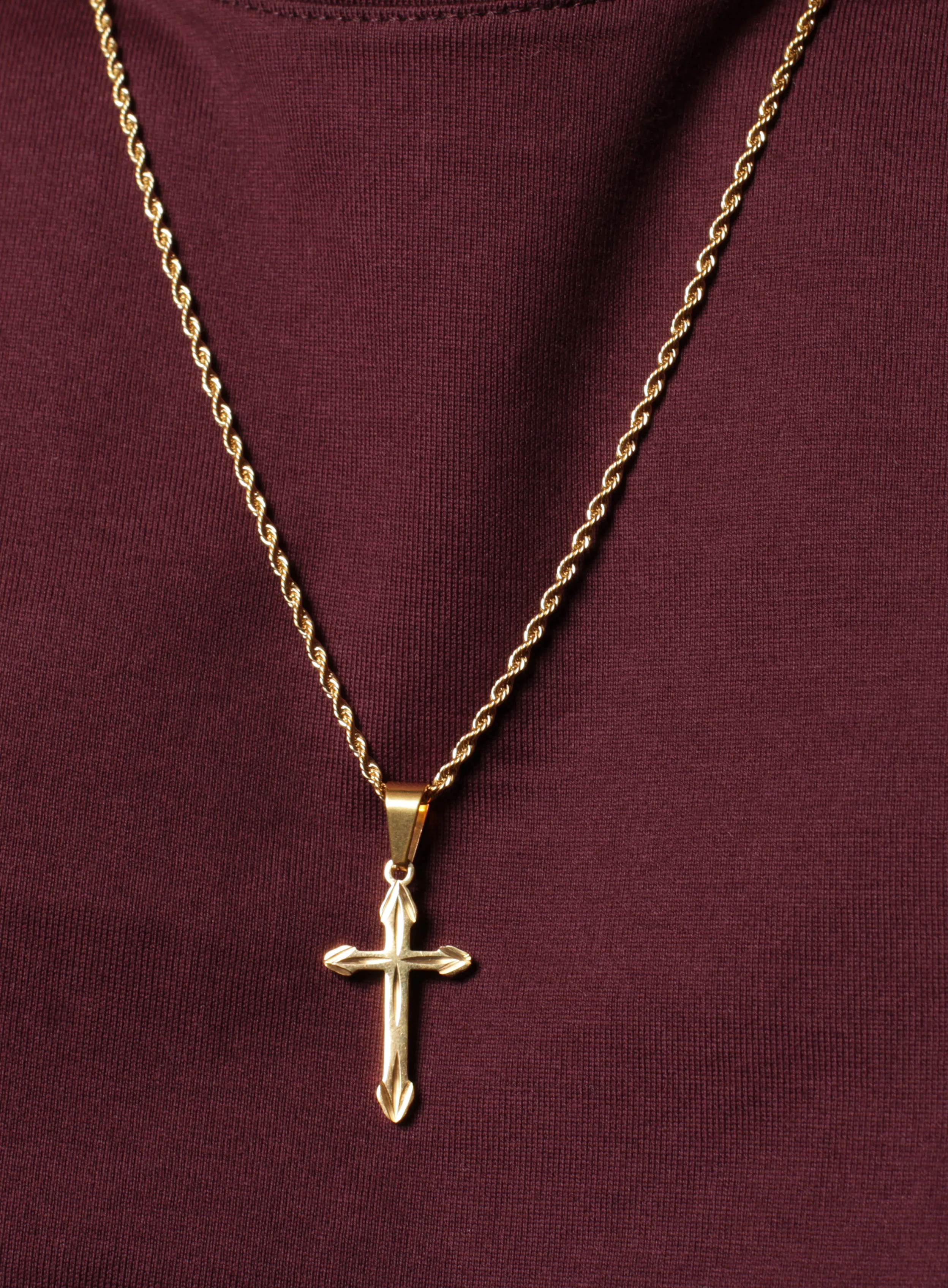 Gold Plated Cross Necklace for Men with Rope Chain - Image 3