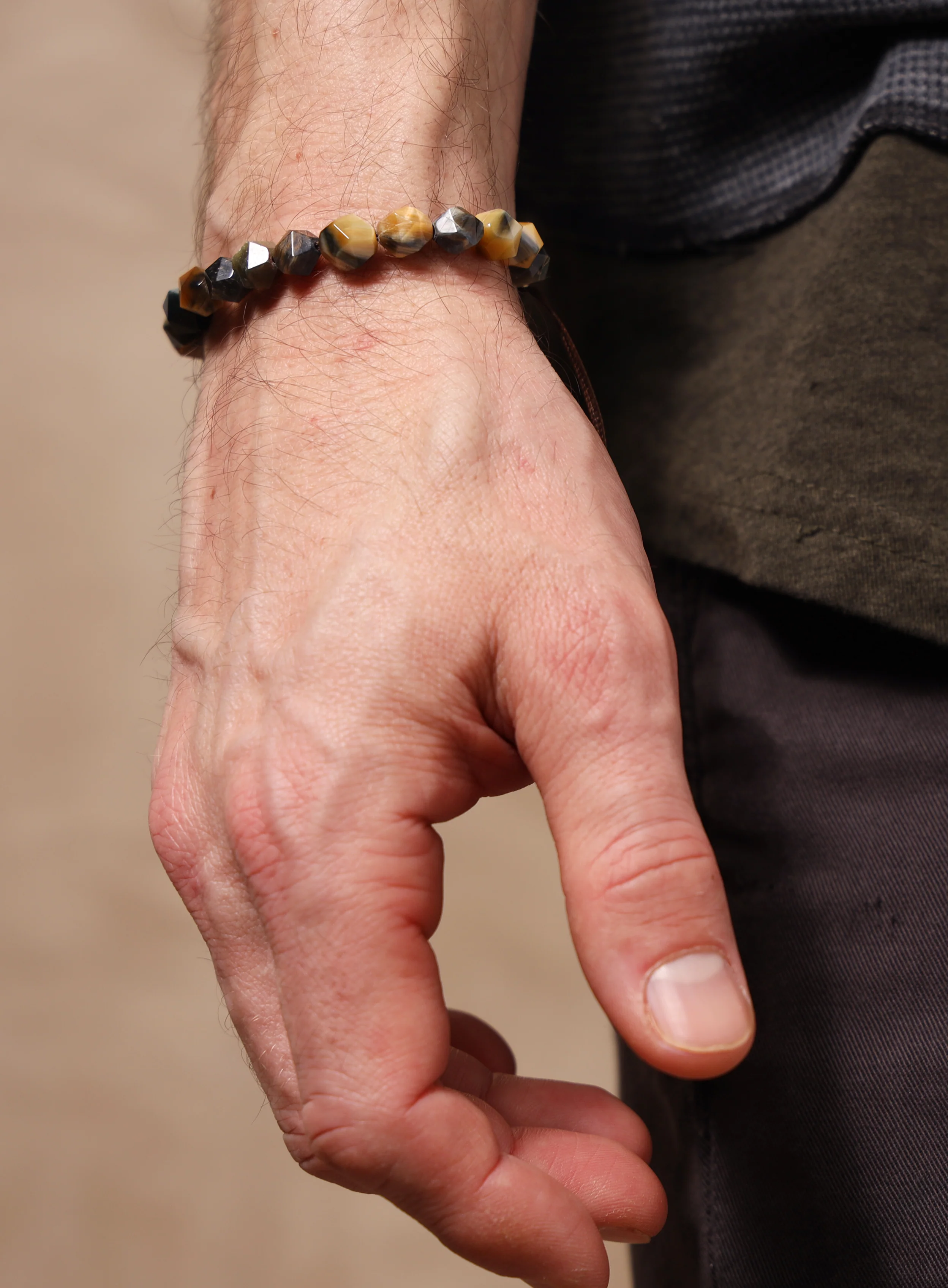 Golden Blue Tiger Eye and Sterling Silver Bracelet for Men - Image 3