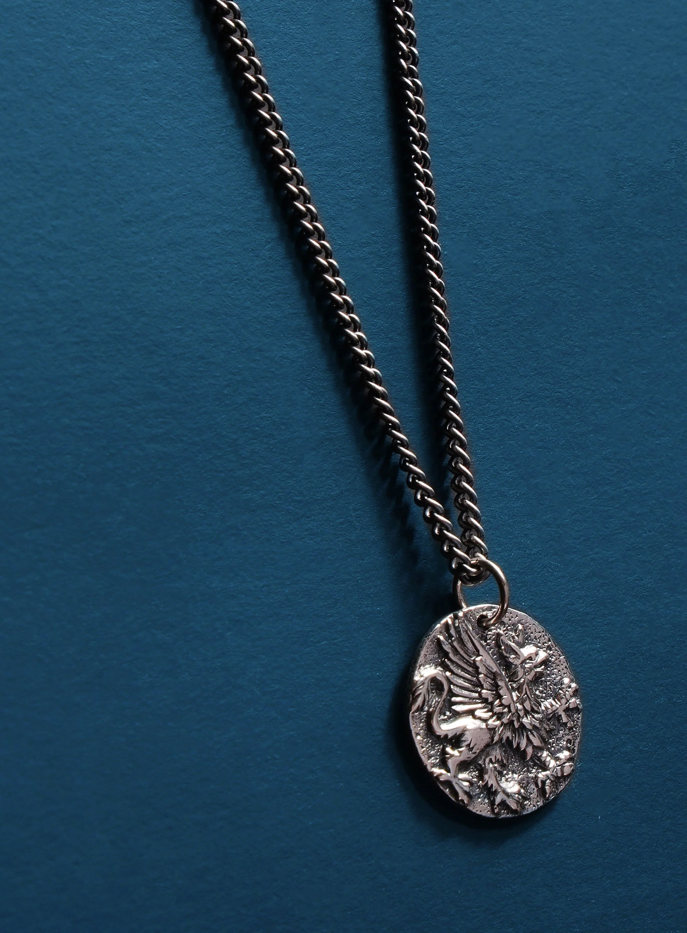925 Oxidized Sterling Silver Griffin Coin Necklace - Image 5