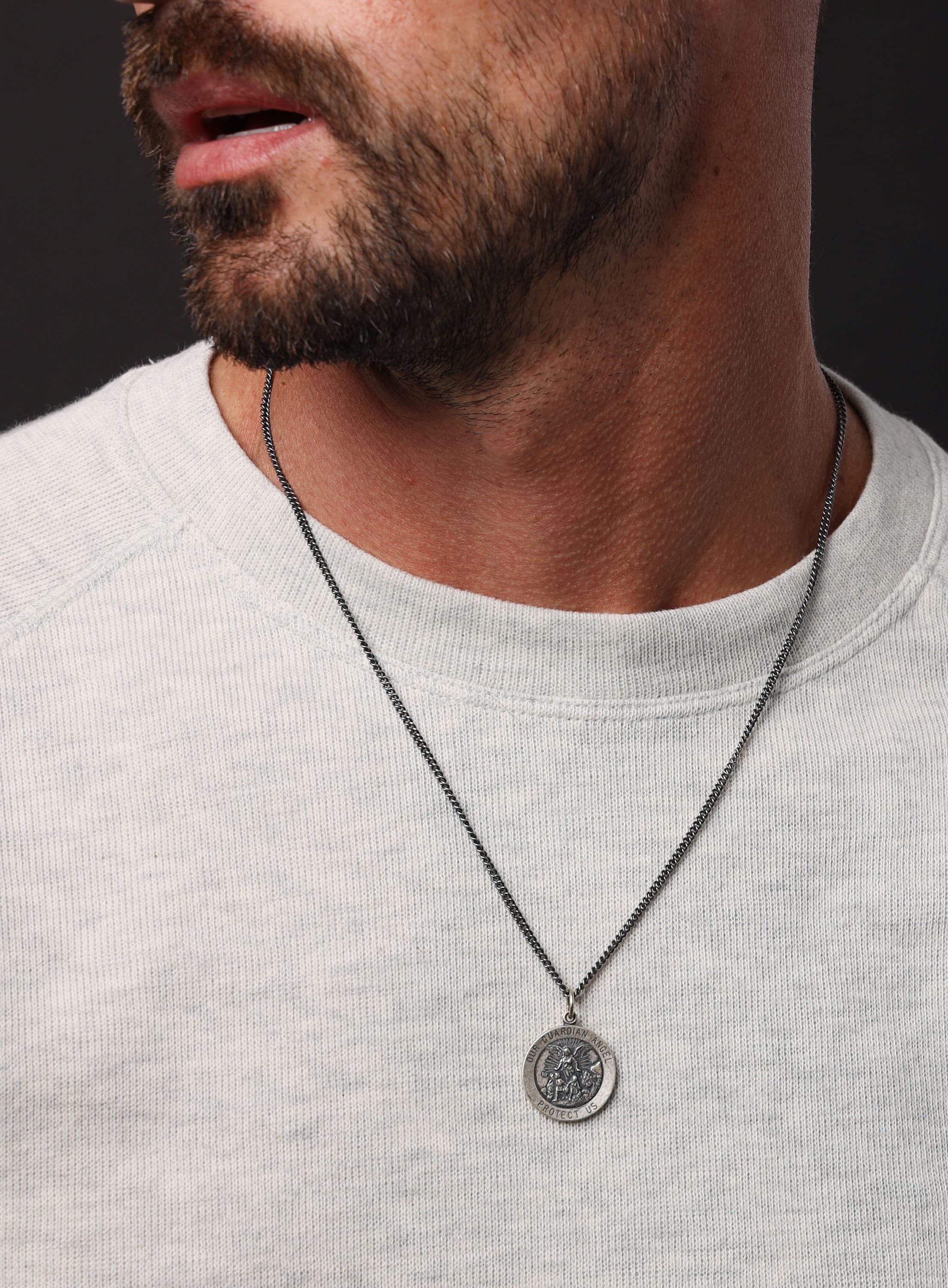 Guardian Angel "Protect Us" Sterling Silver Medal Neckalce for Men - Image 3