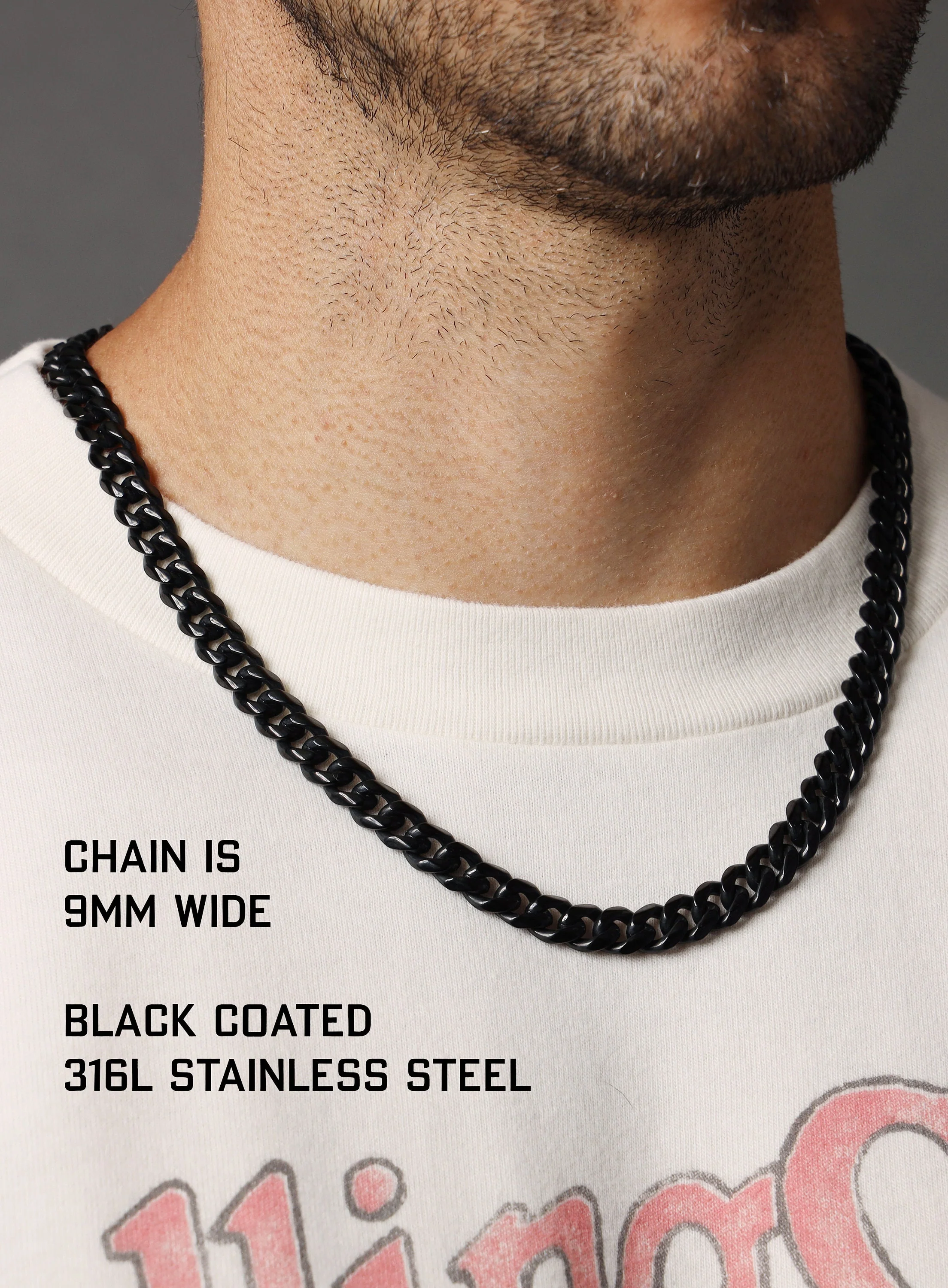 9mm Black Miami Cuban chain in black coated 316L Stainless Steel - Image 8