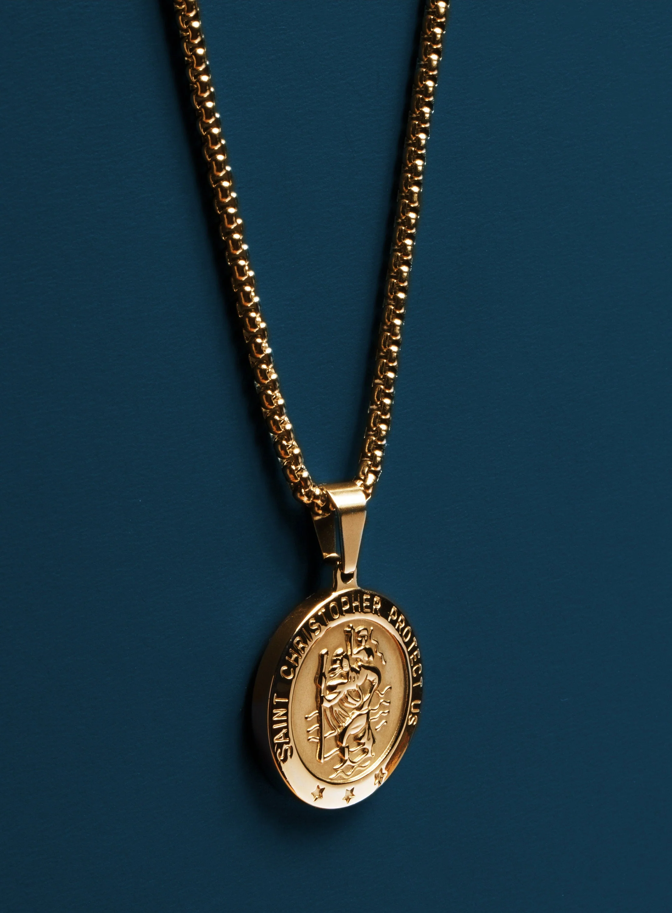 14k gold plated saint Christopher medal on round box chain - Image 3