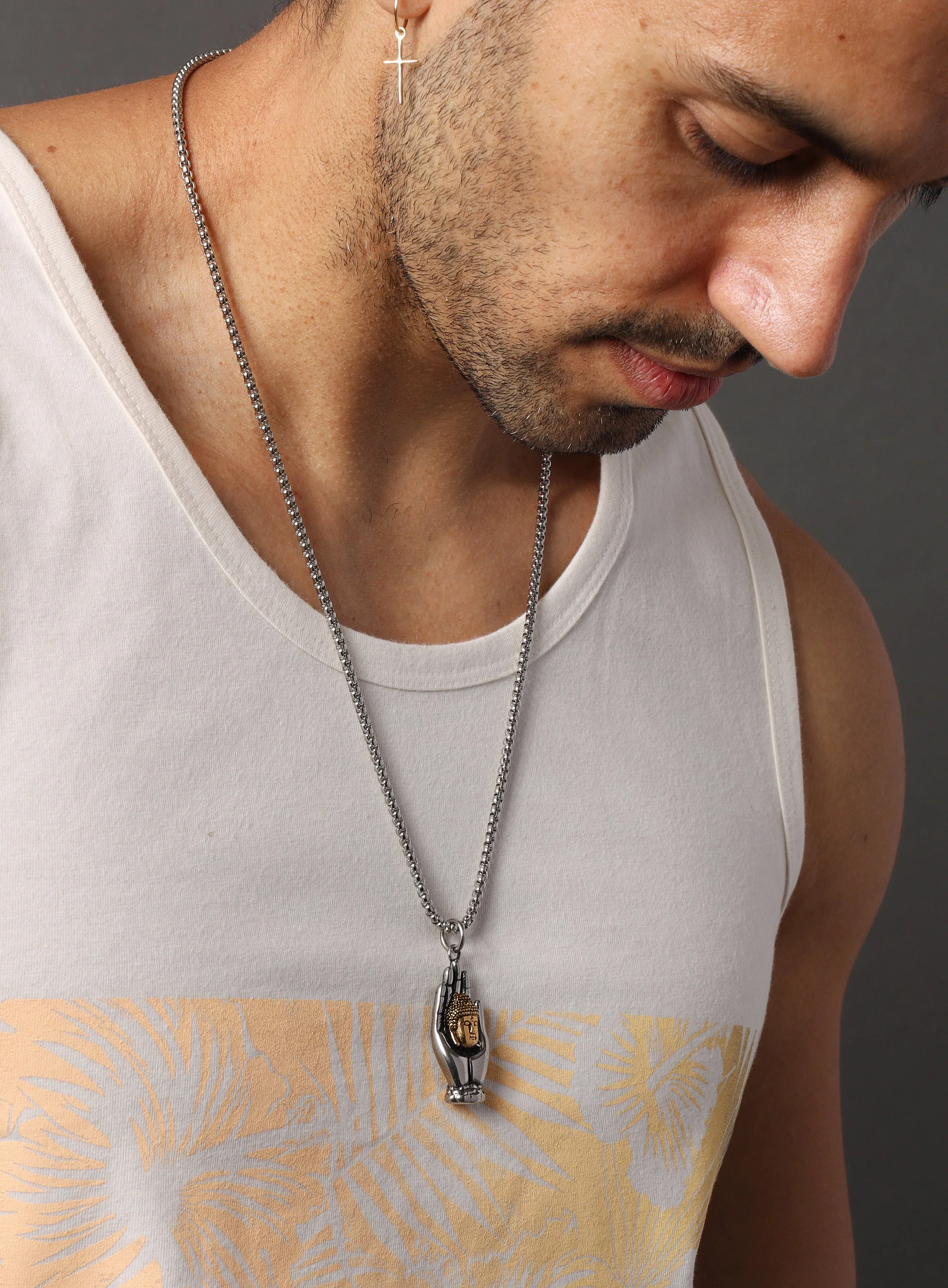 Buddha Palm Pendant Men's Necklace Gold and Silver - Image 2