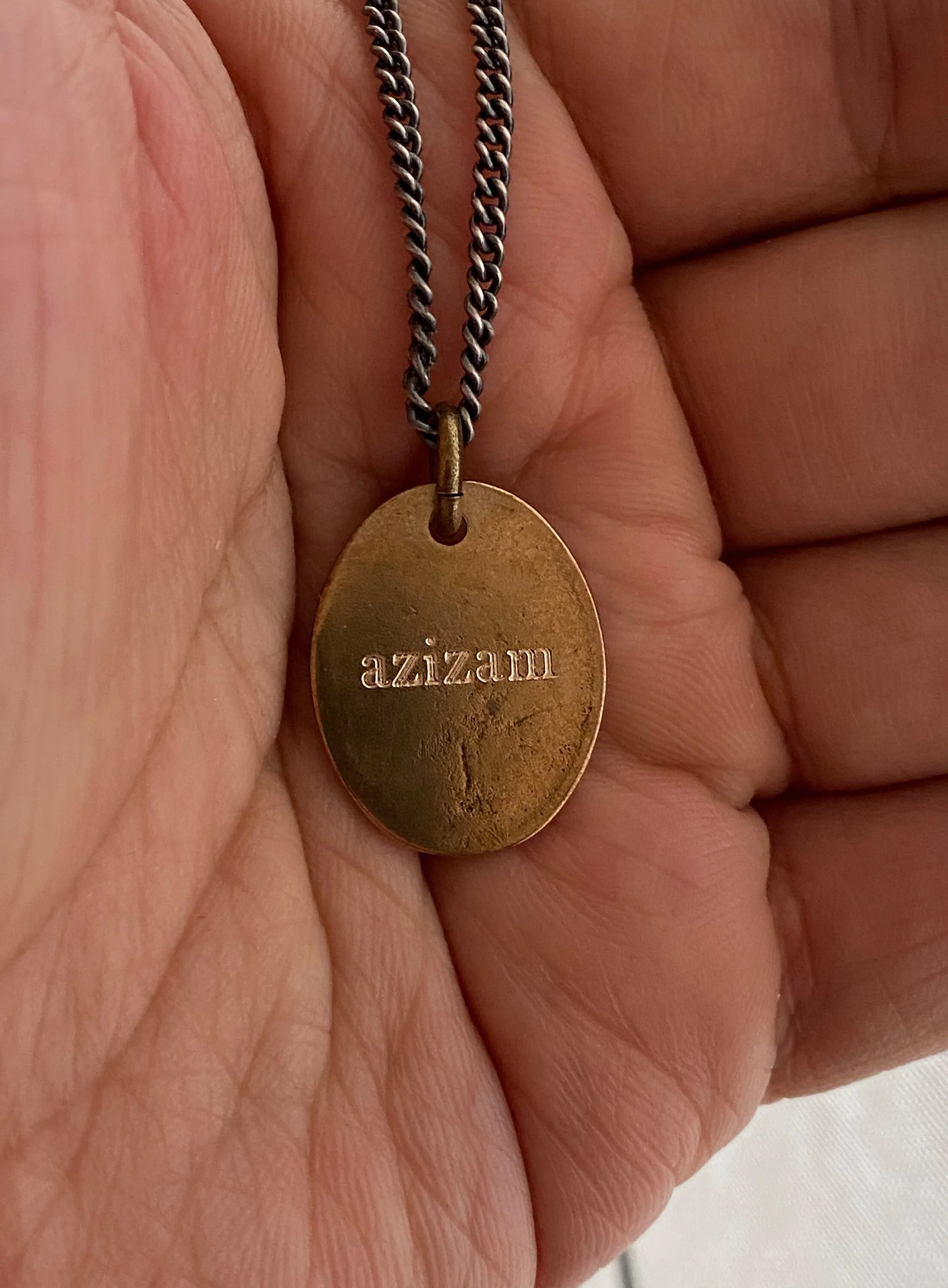 Bronze oval dog tag on oxidized sterling curb chain - Image 3