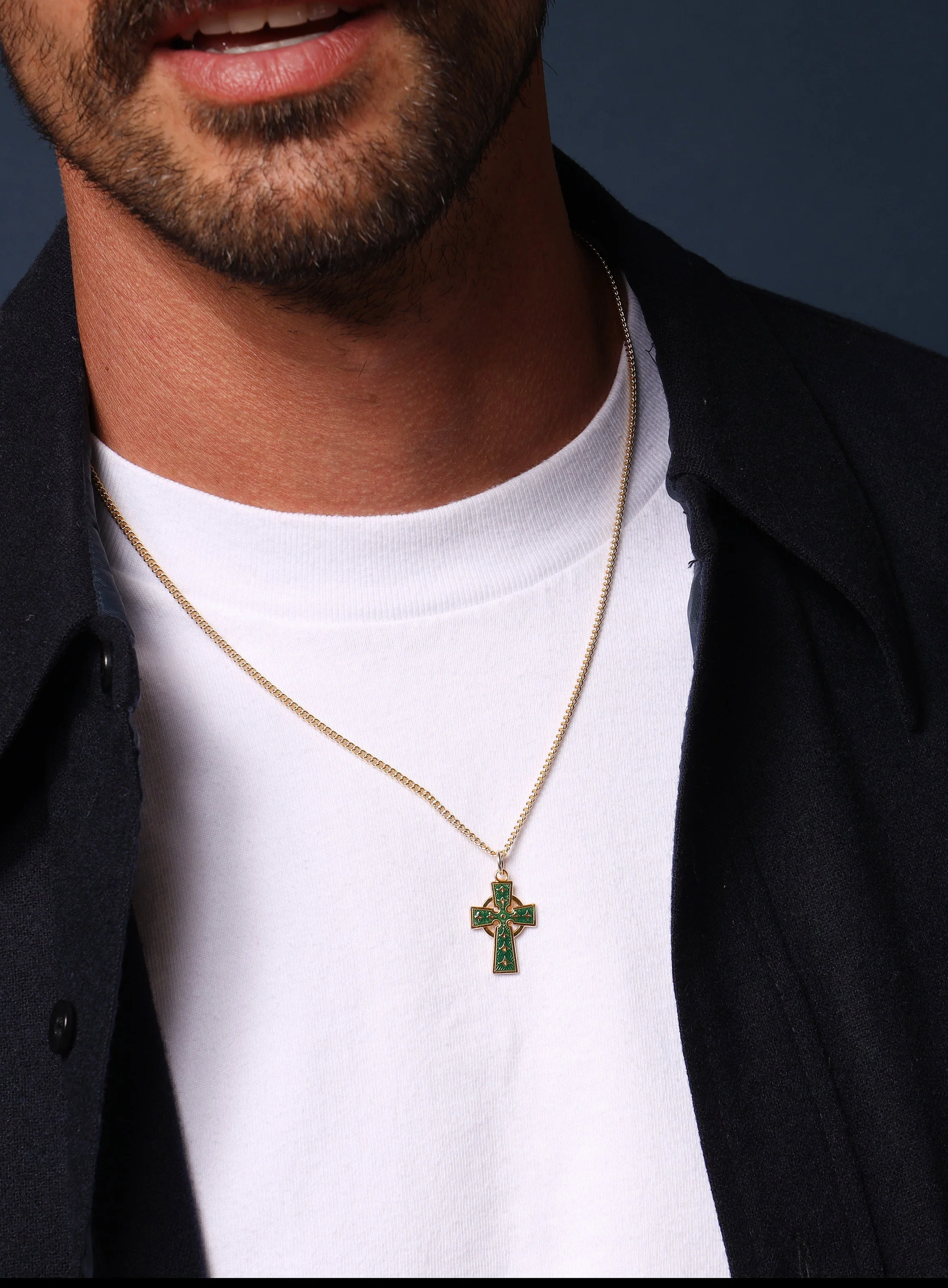 Gold Celtic Cross with Green enamel Necklace - Image 3