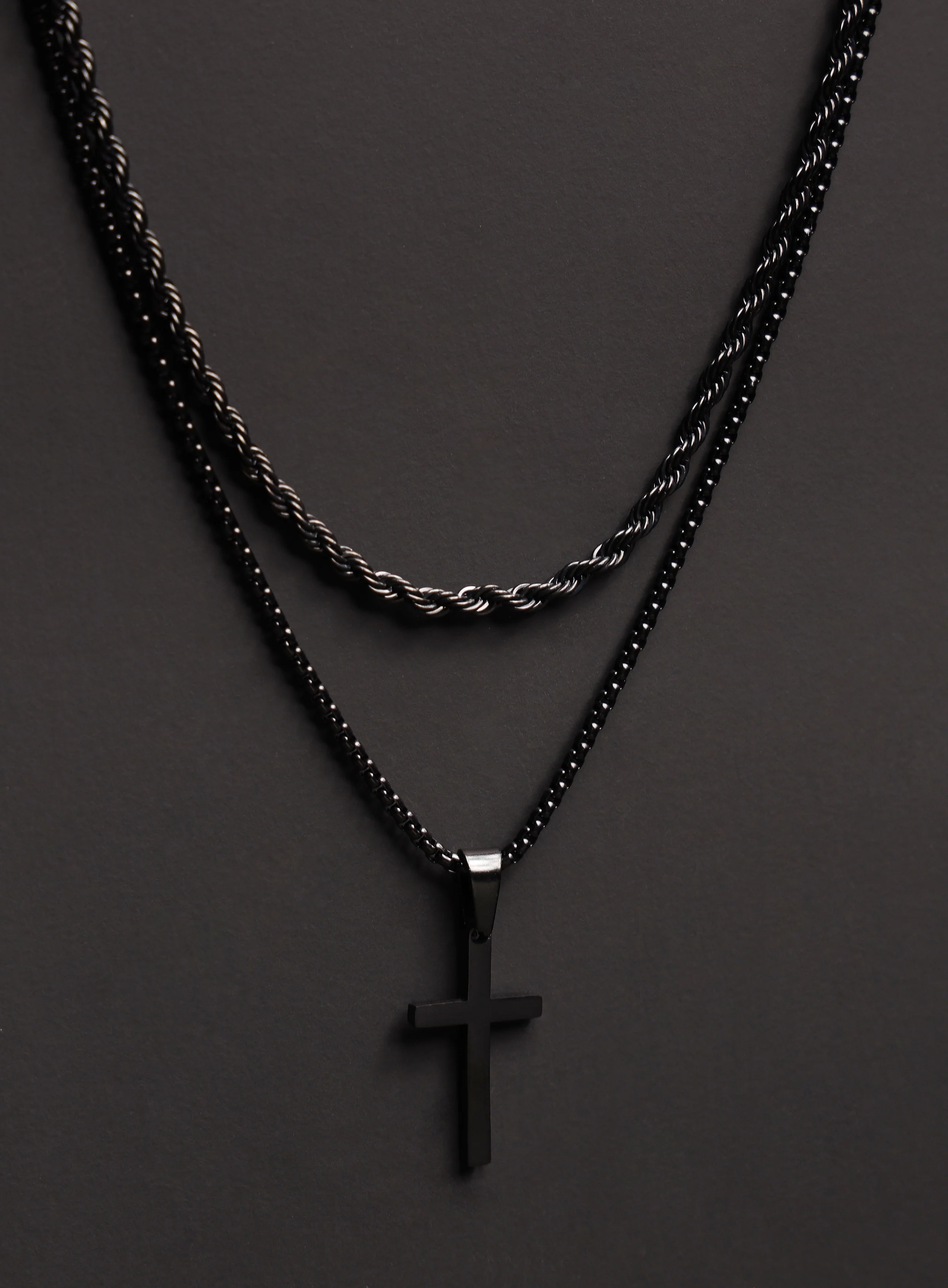 Necklace Set: Black Rope Chain and Medium Black Cross - Image 4