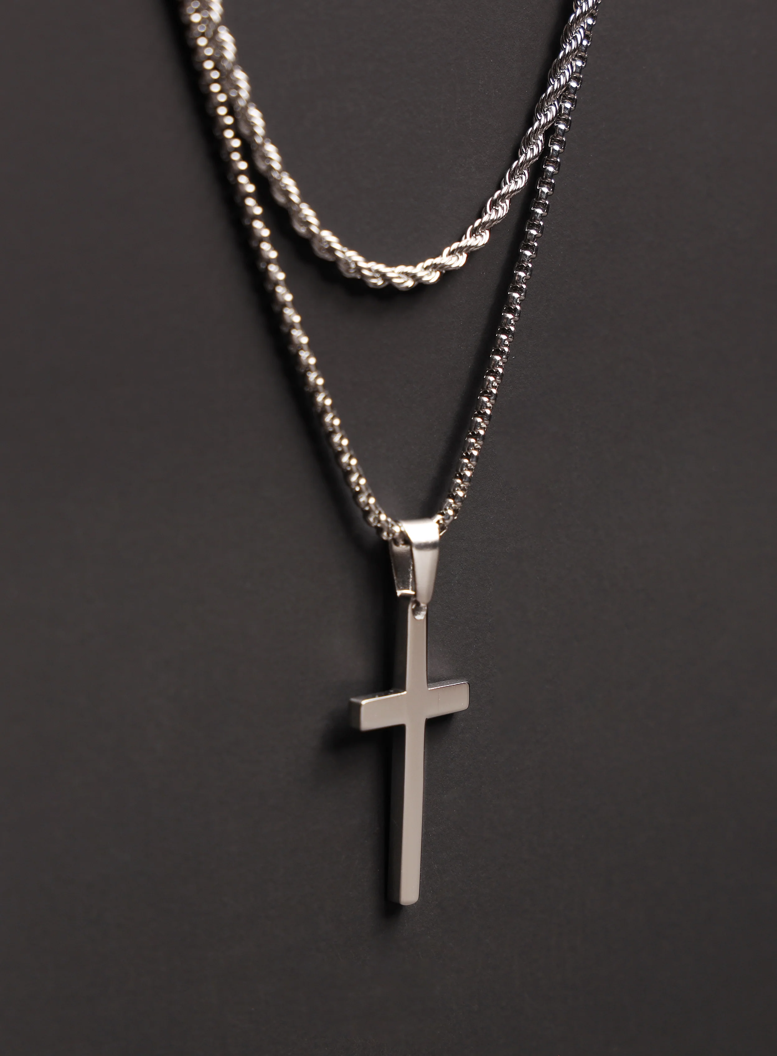 Necklace Set: Silver Rope Chain and Large Silver Cross - Image 4