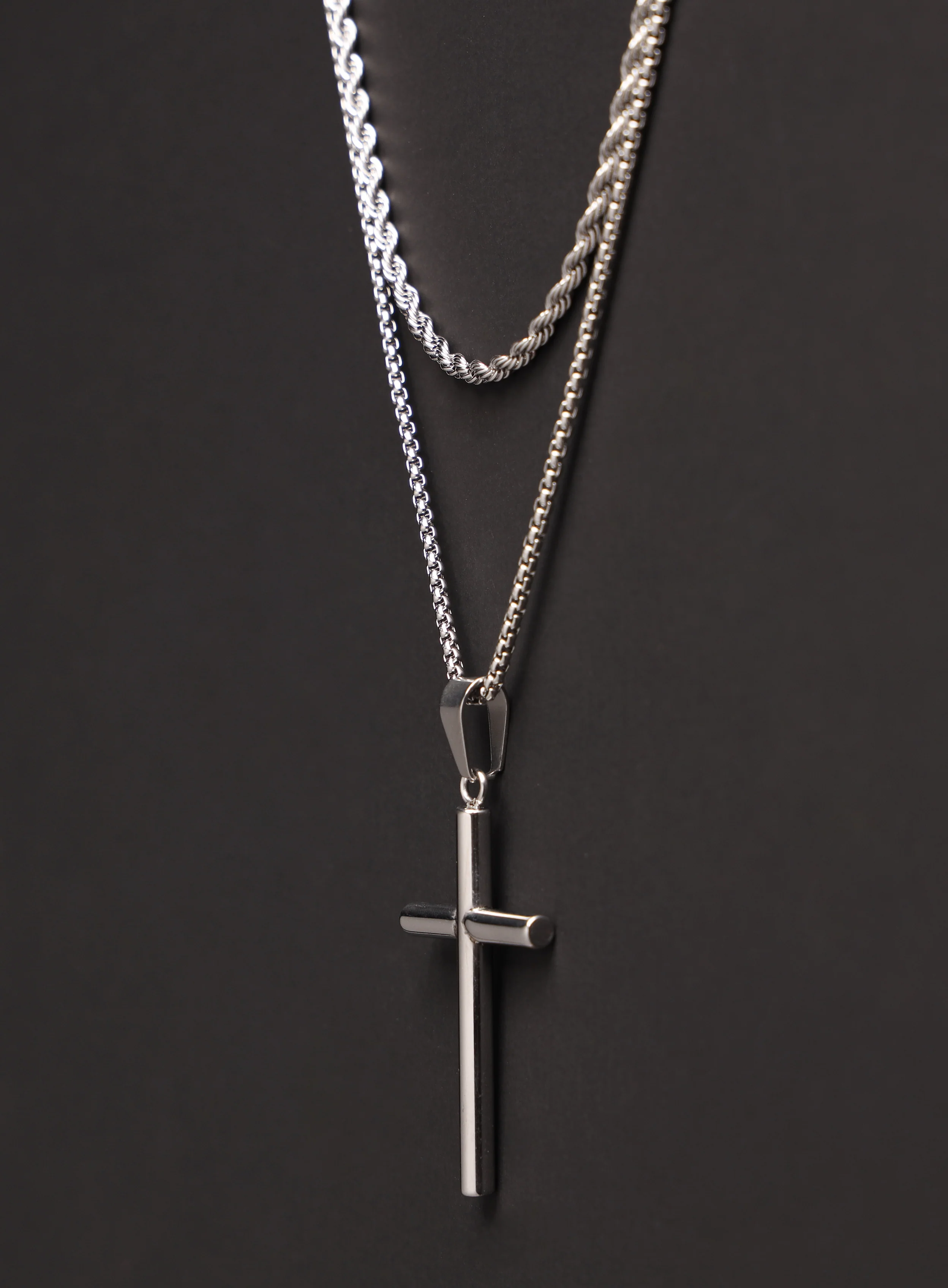 Necklace Set: Silver Rope Chain and Silver Bamboo Cross Necklace - Image 4
