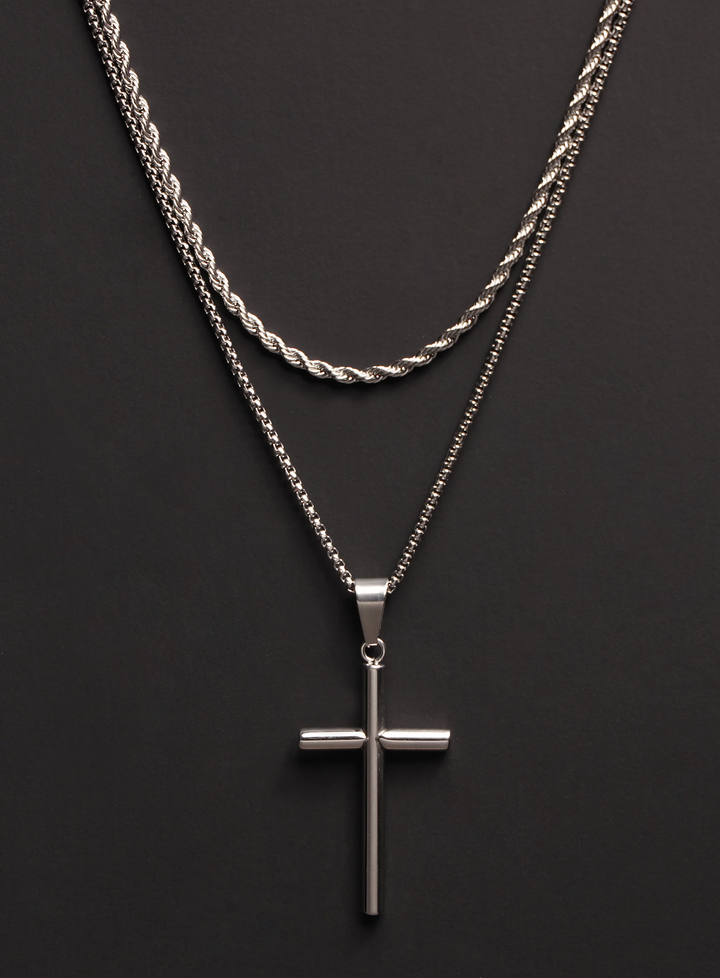 Necklace Set: Silver Rope Chain and Silver Bamboo Cross Necklace - Image 6