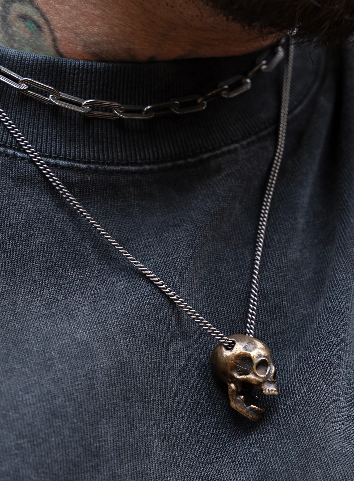 Open Jaw Skull Necklace in Bronze with Oxidized Sterling Silver Chain - Image 3