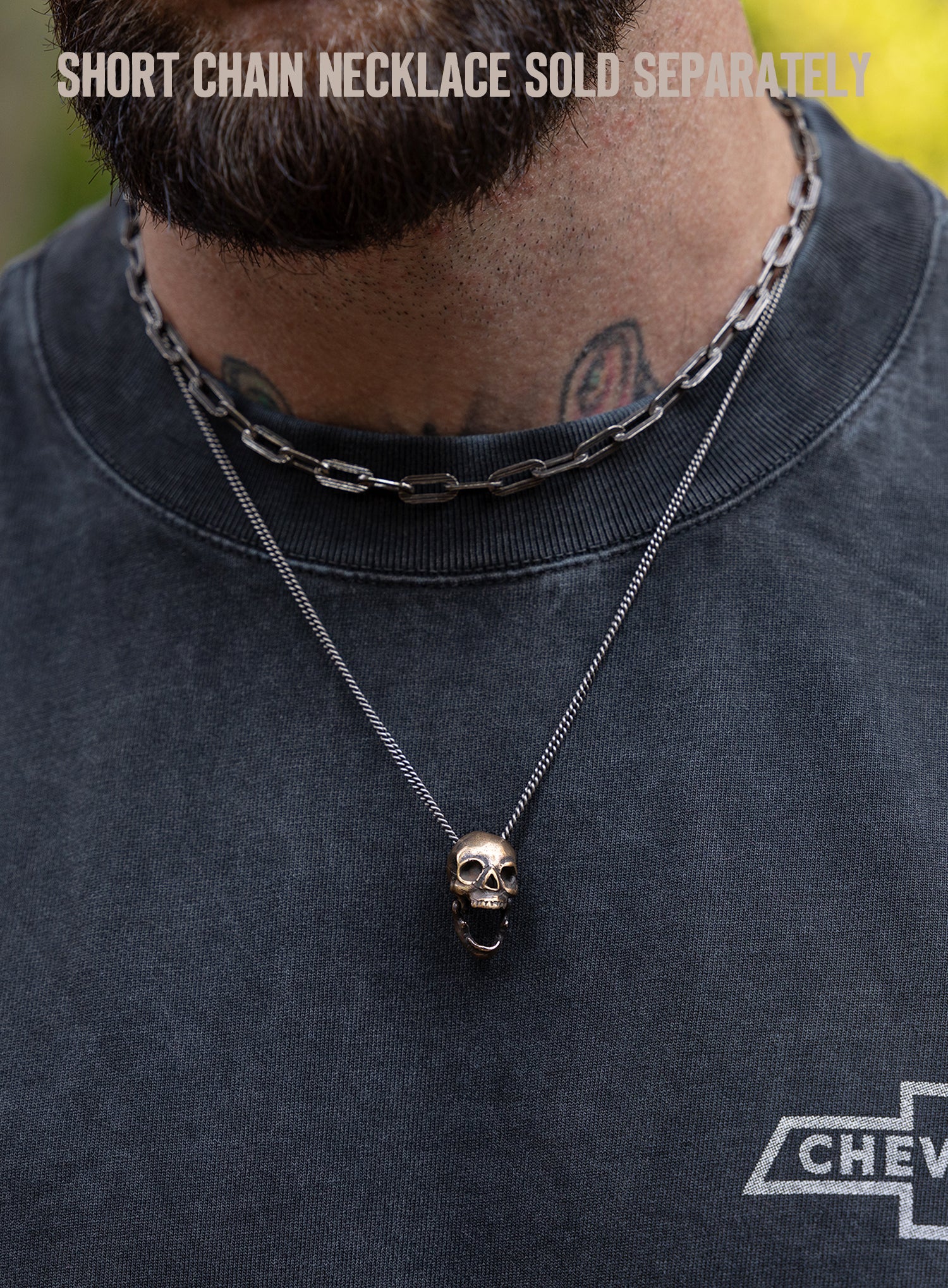 Open Jaw Skull Necklace in Bronze with Oxidized Sterling Silver Chain - Image 5