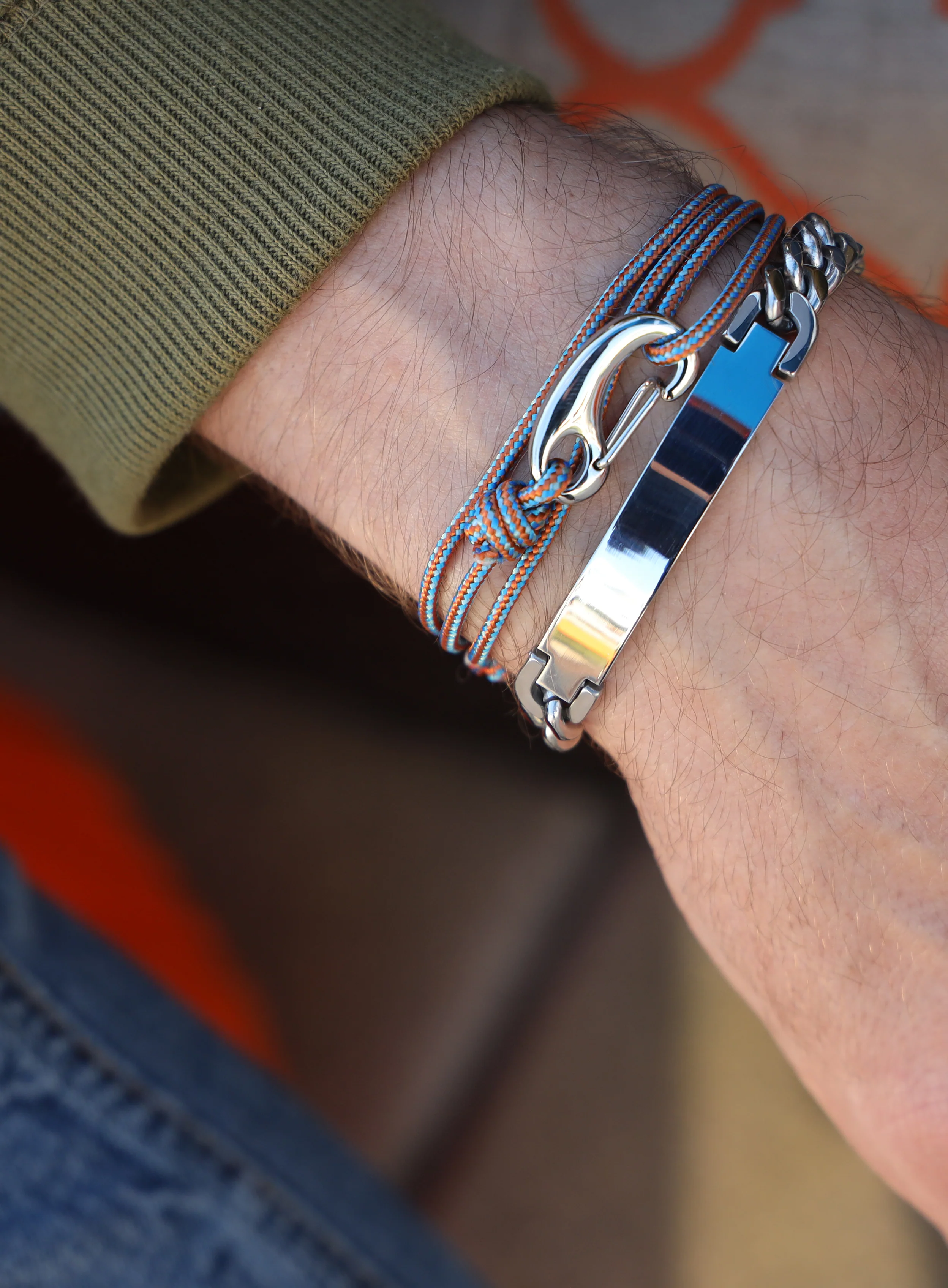 Orange + Blue Tactical Cord Bracelet for Men (Silver Clasp - 30S) - Image 4