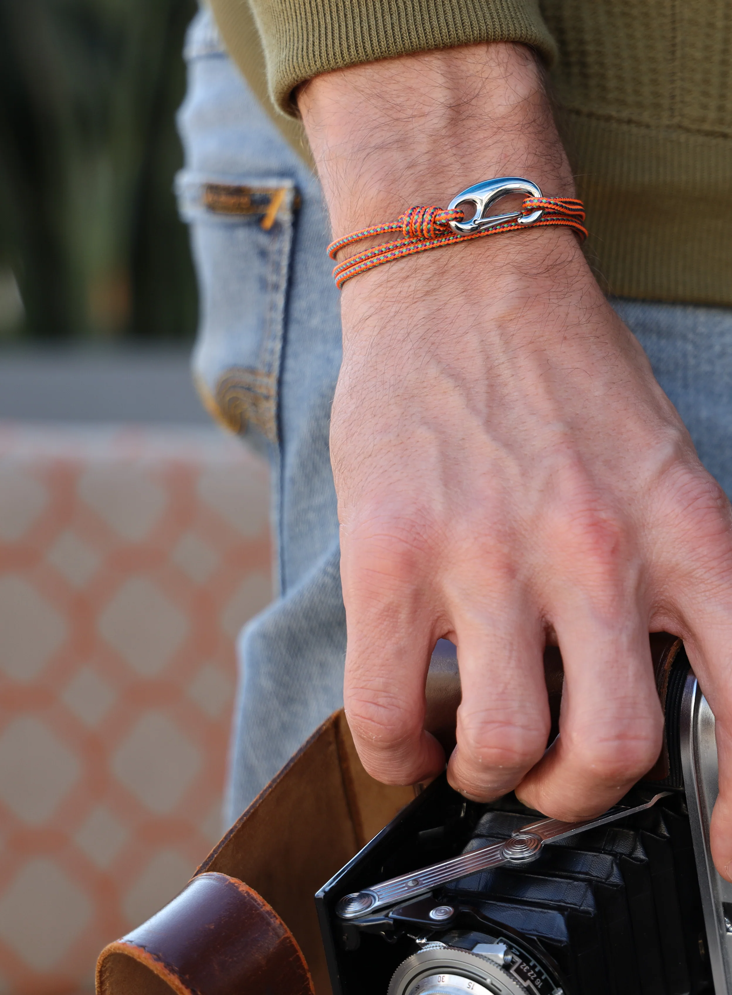 Orange Tactical Cord Bracelet for Men (Silver Clasp - 28S) - Image 2