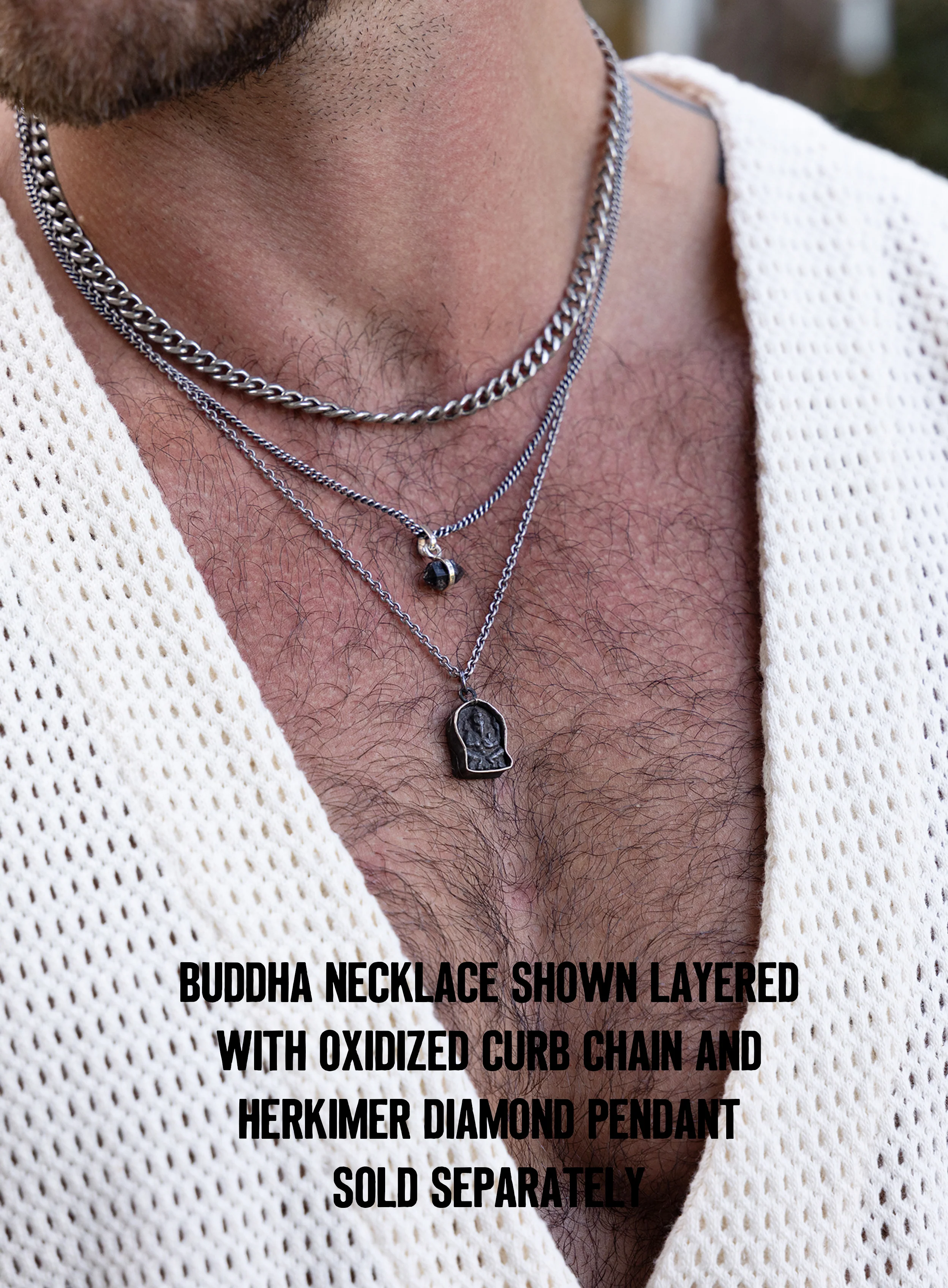 Oxidized Silver Buddha Pendant Rolo Chain Necklace for Men - Image 3