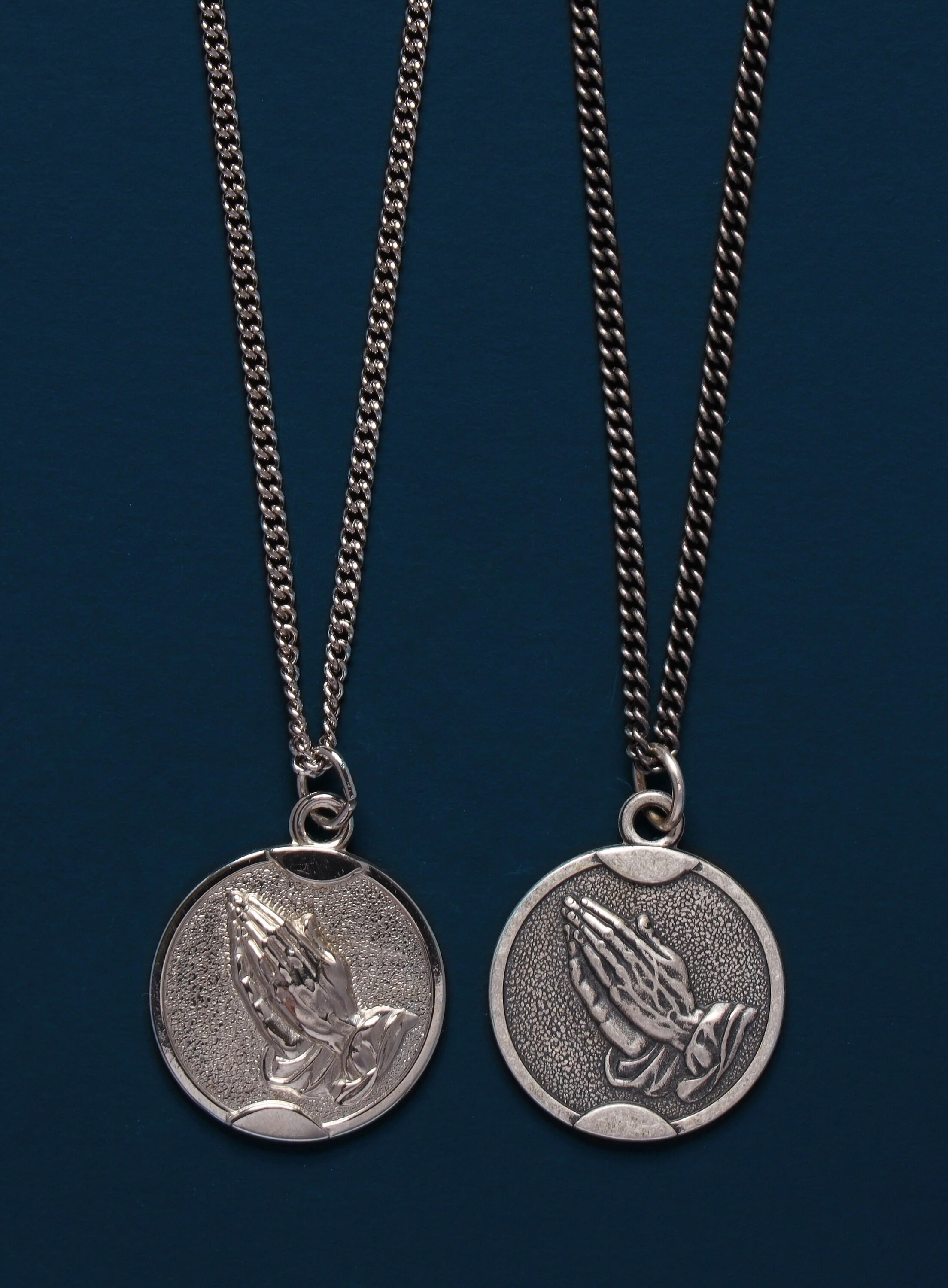Praying Hands Round Sterling Silver Medal Necklace