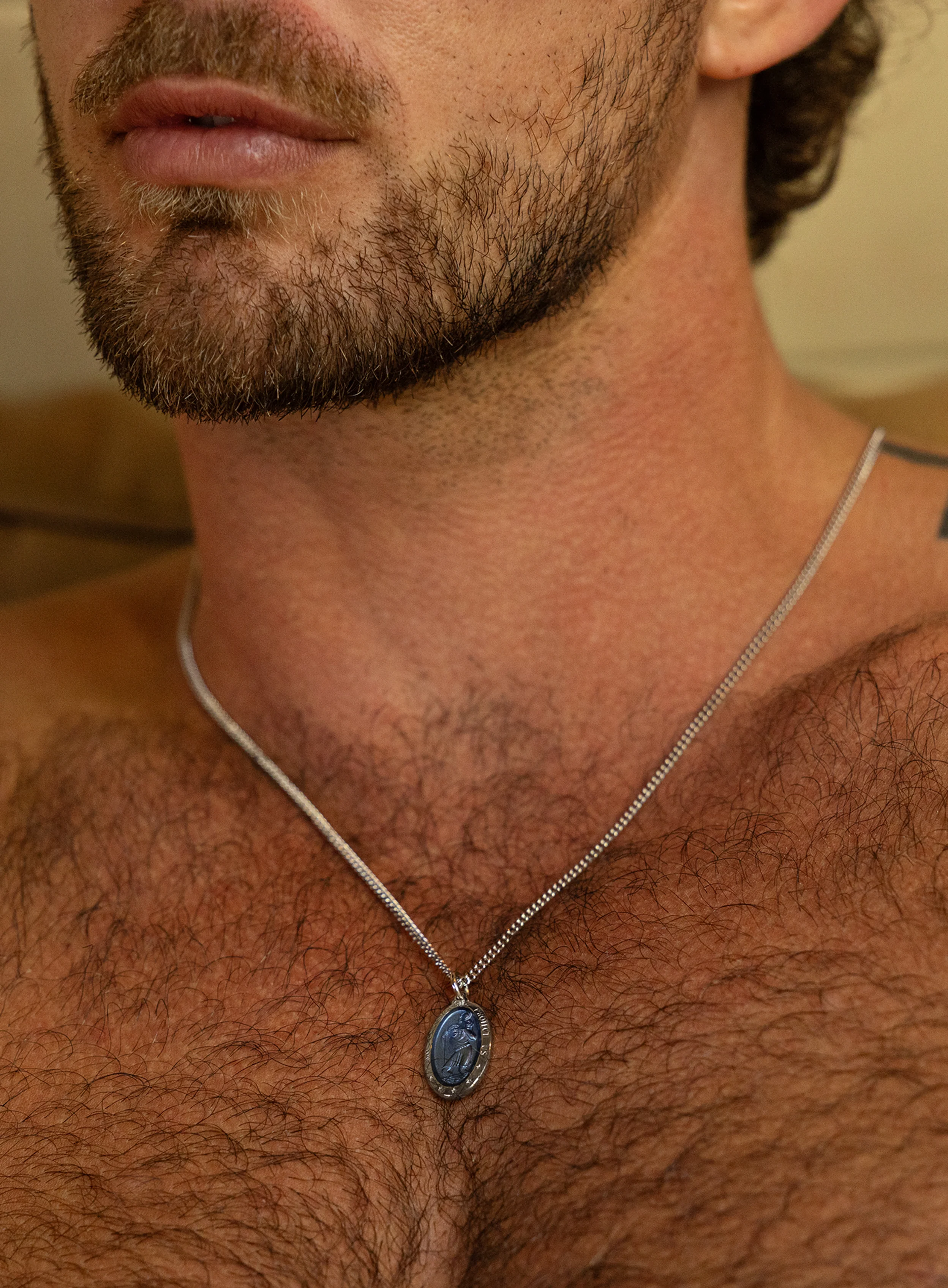 Saint Christopher Pendant with Blue Enamel on Sterling Silver Rhodium Chain - Image 2