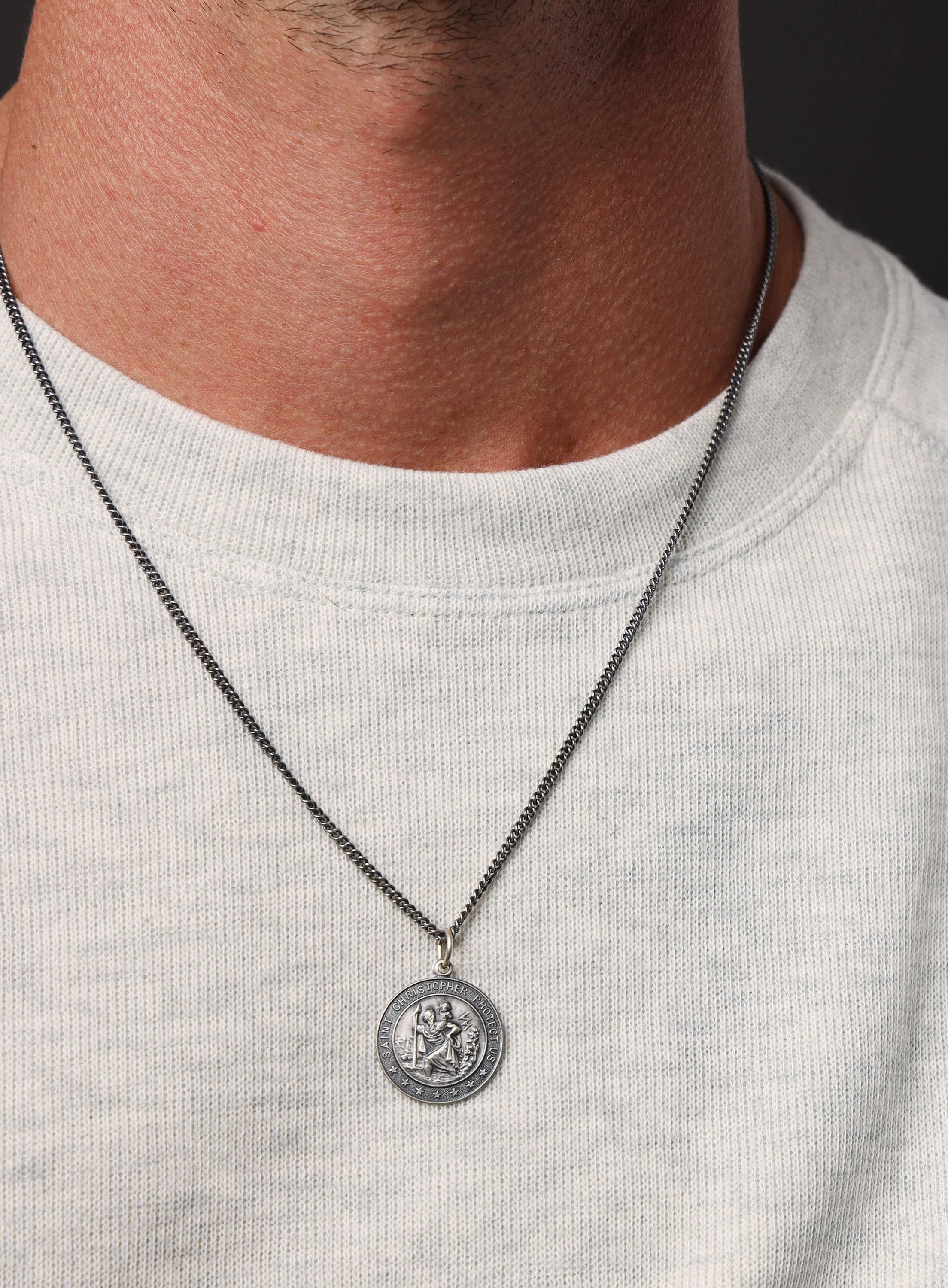 Small Round Saint Christopher Sterling Silver Medal Necklace for Men - Image 3