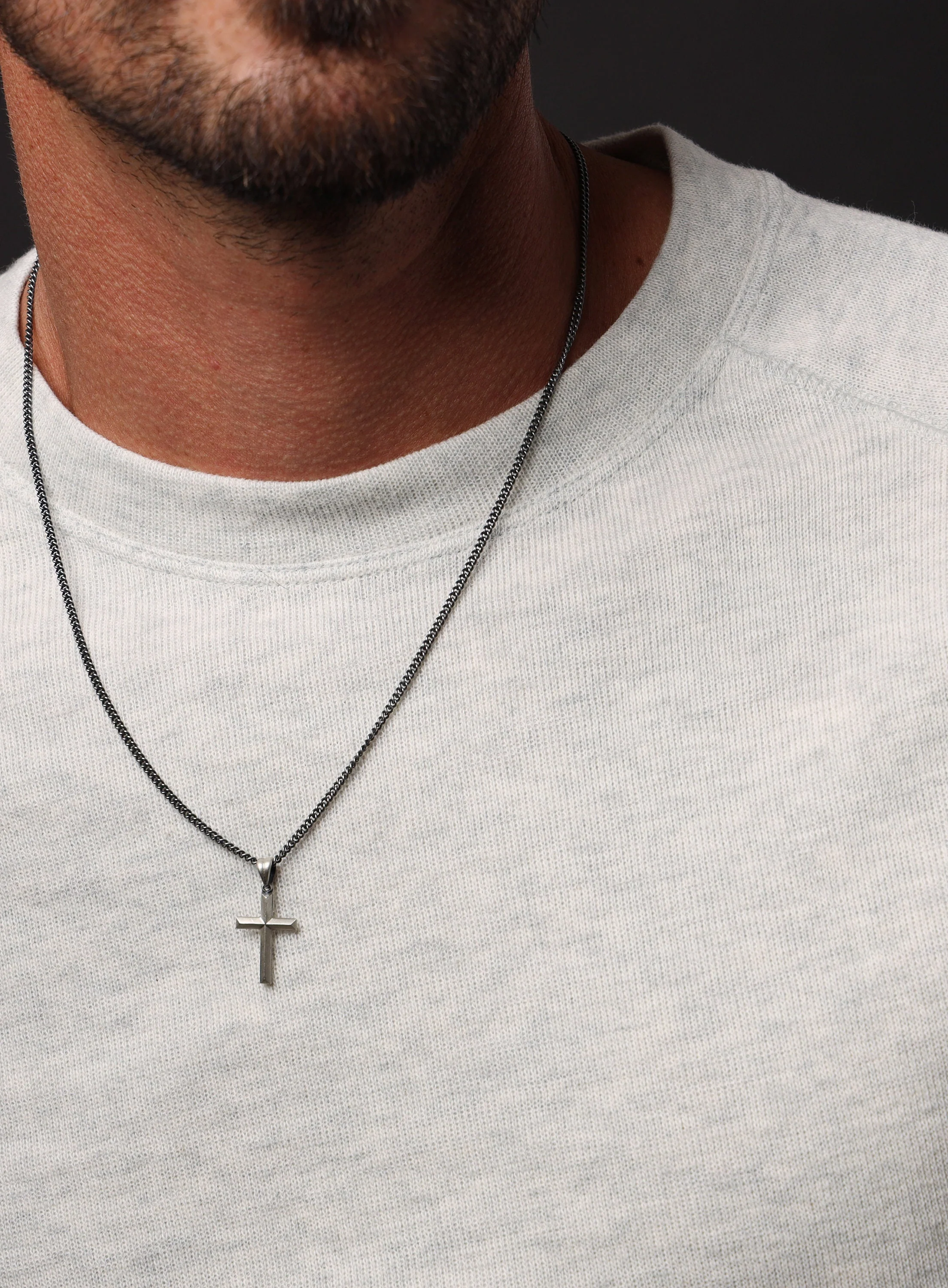 Small Sterling Silver Bevel Cross Pendant Necklace for Men - Image 3