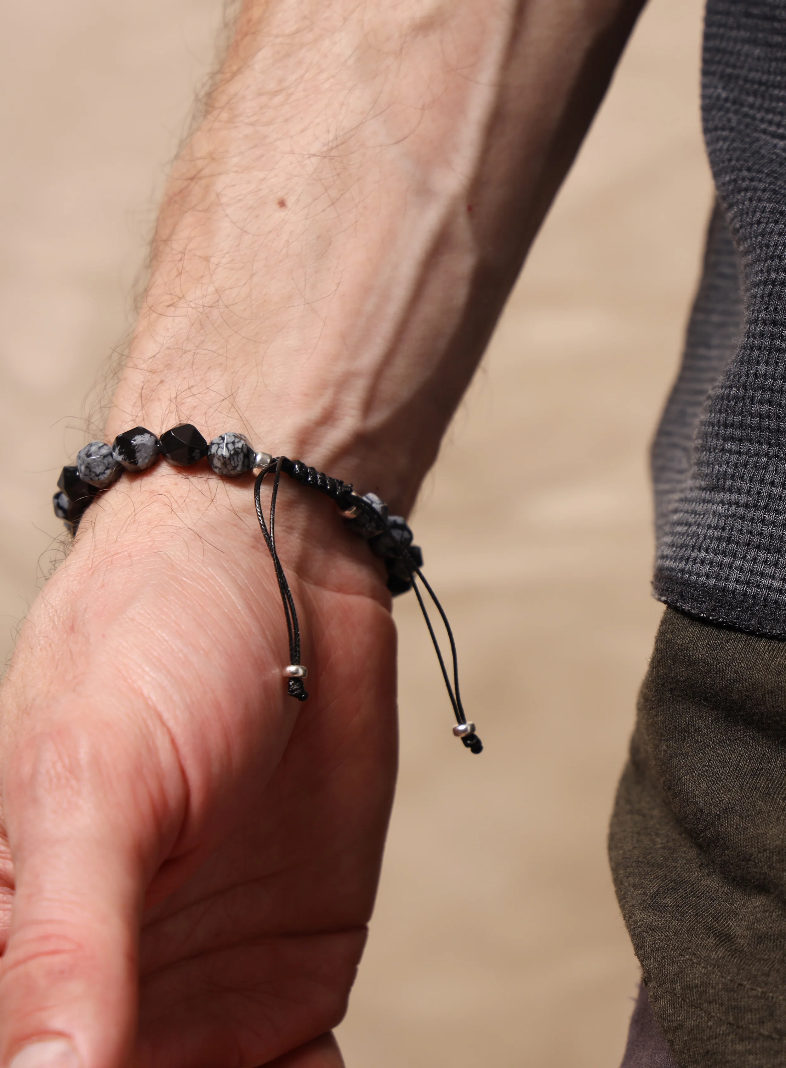 Snowflake Obsidian and Sterling Silver Men's Bead Bracelet - Image 3