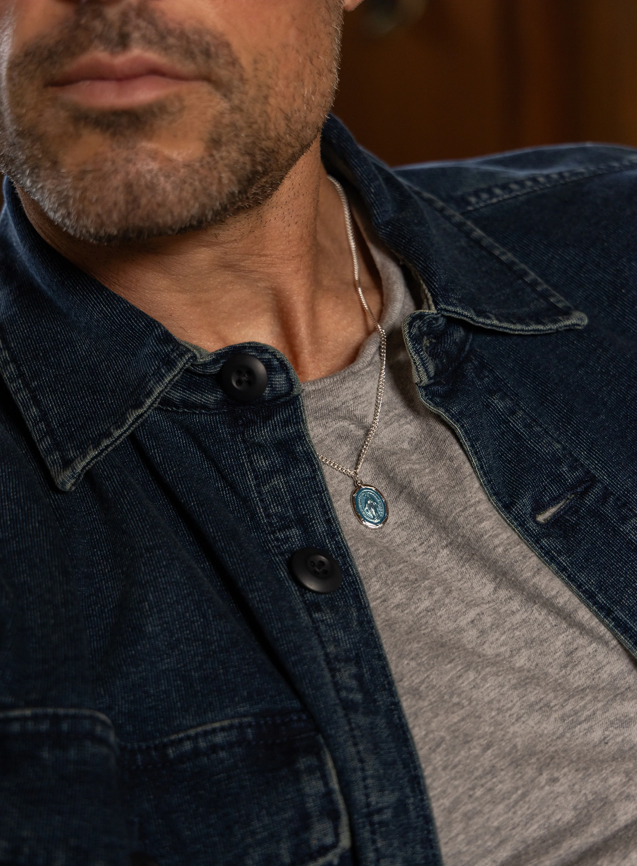 Sterling Silver Blue Enamel Miraculous Medal Oval Pendant Necklace for Men - Image 4