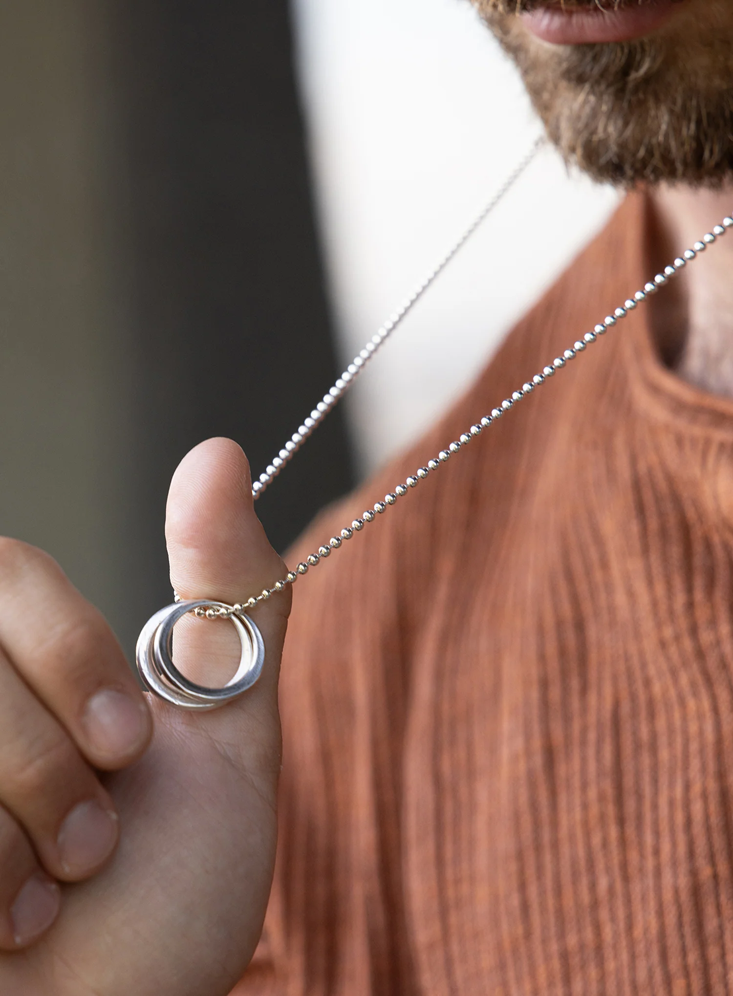 Sterling Silver Double Rings Ball Chain Necklace for Men - Image 3