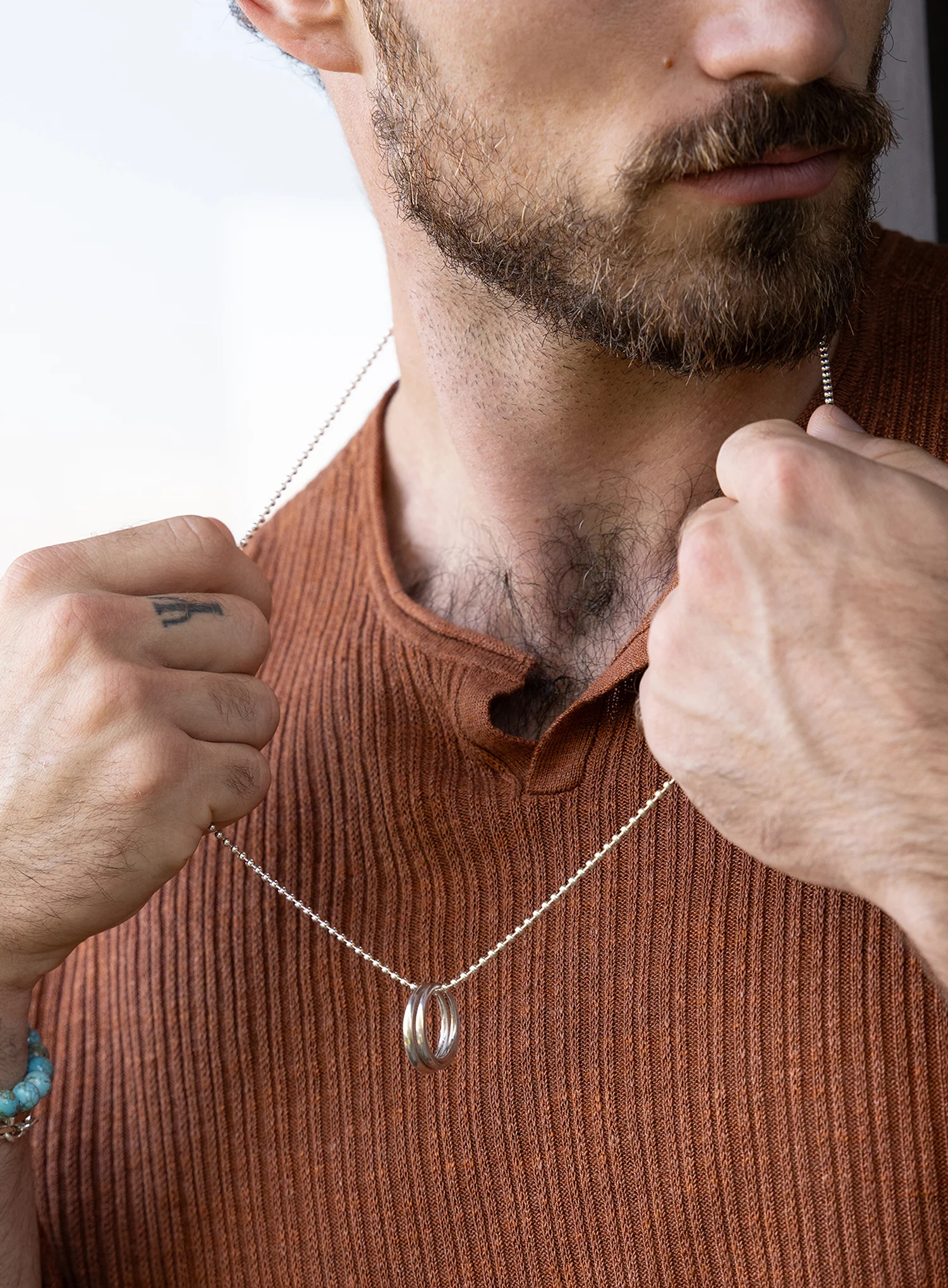 Sterling Silver Double Rings Ball Chain Necklace for Men - Image 6