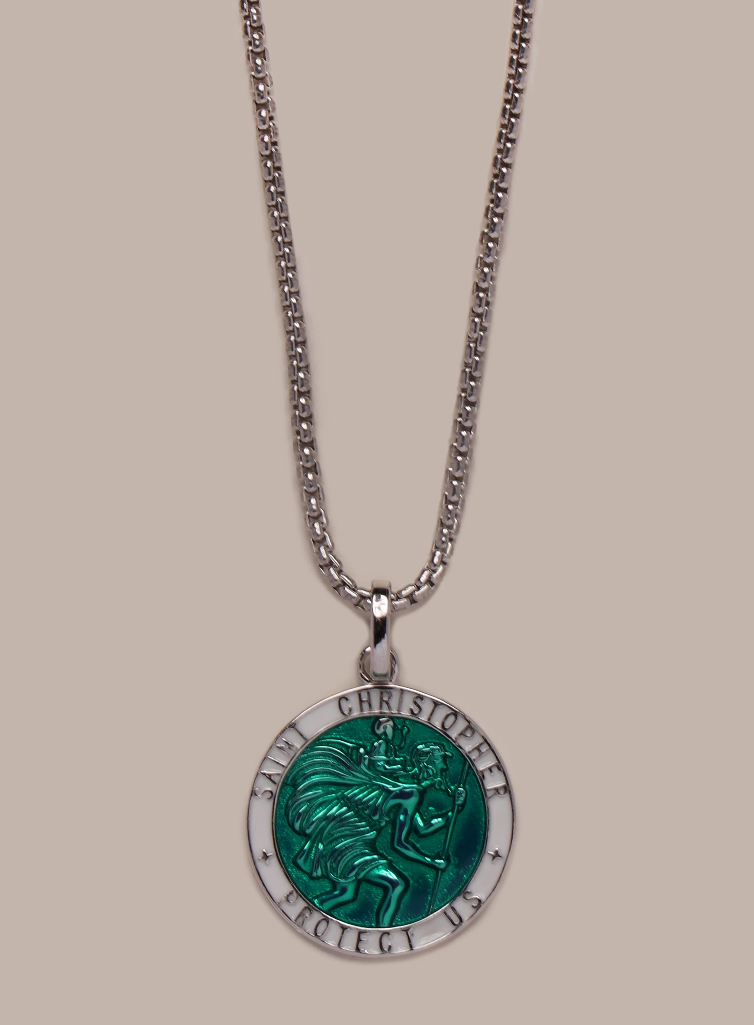 Sterling Silver Emerald Green Enamel Saint Christopher Medal Necklace for Men - Image 2