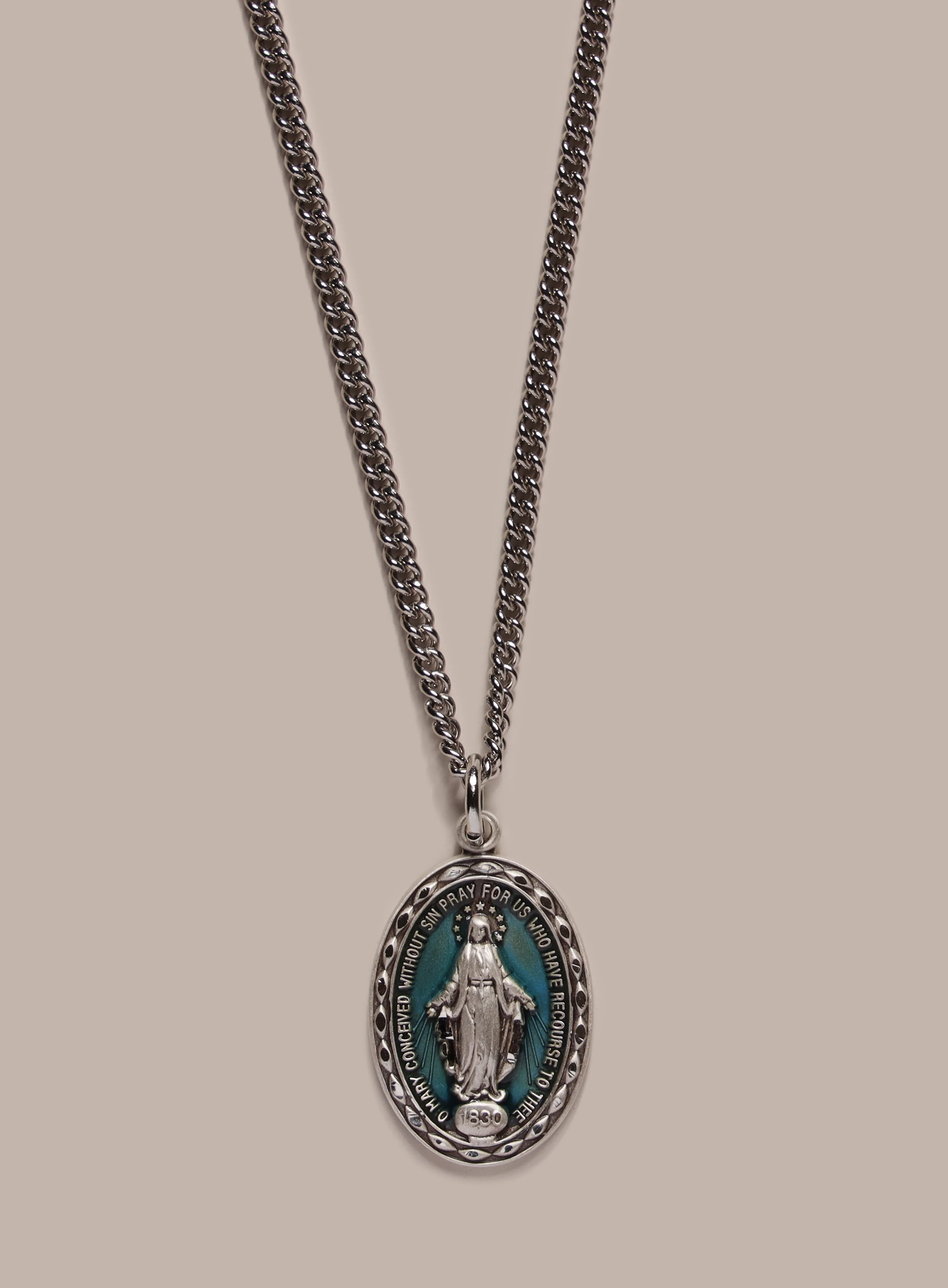Sterling Silver Enamel Miraculous Medal Oval Pendant for Men - Image 2