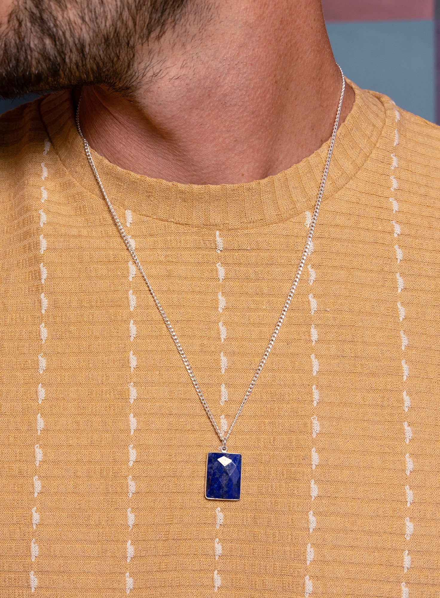 Sterling Silver Lapis Lazuli Pendant Chain Necklace for Men - Image 3