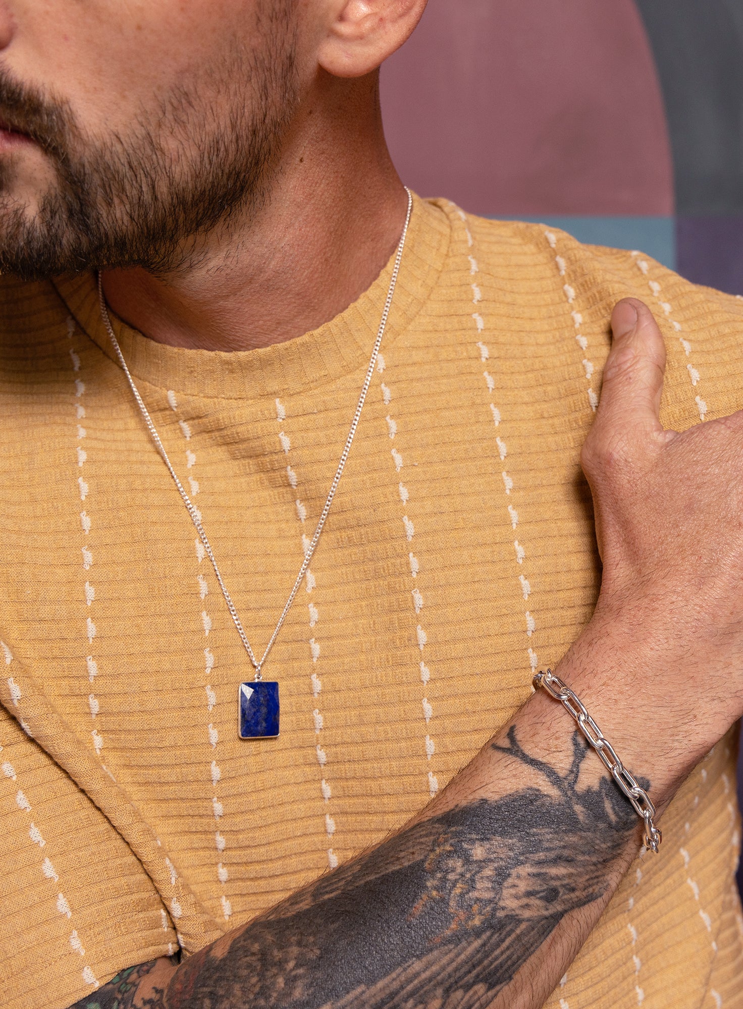Sterling Silver Lapis Lazuli Pendant Chain Necklace for Men - Image 5