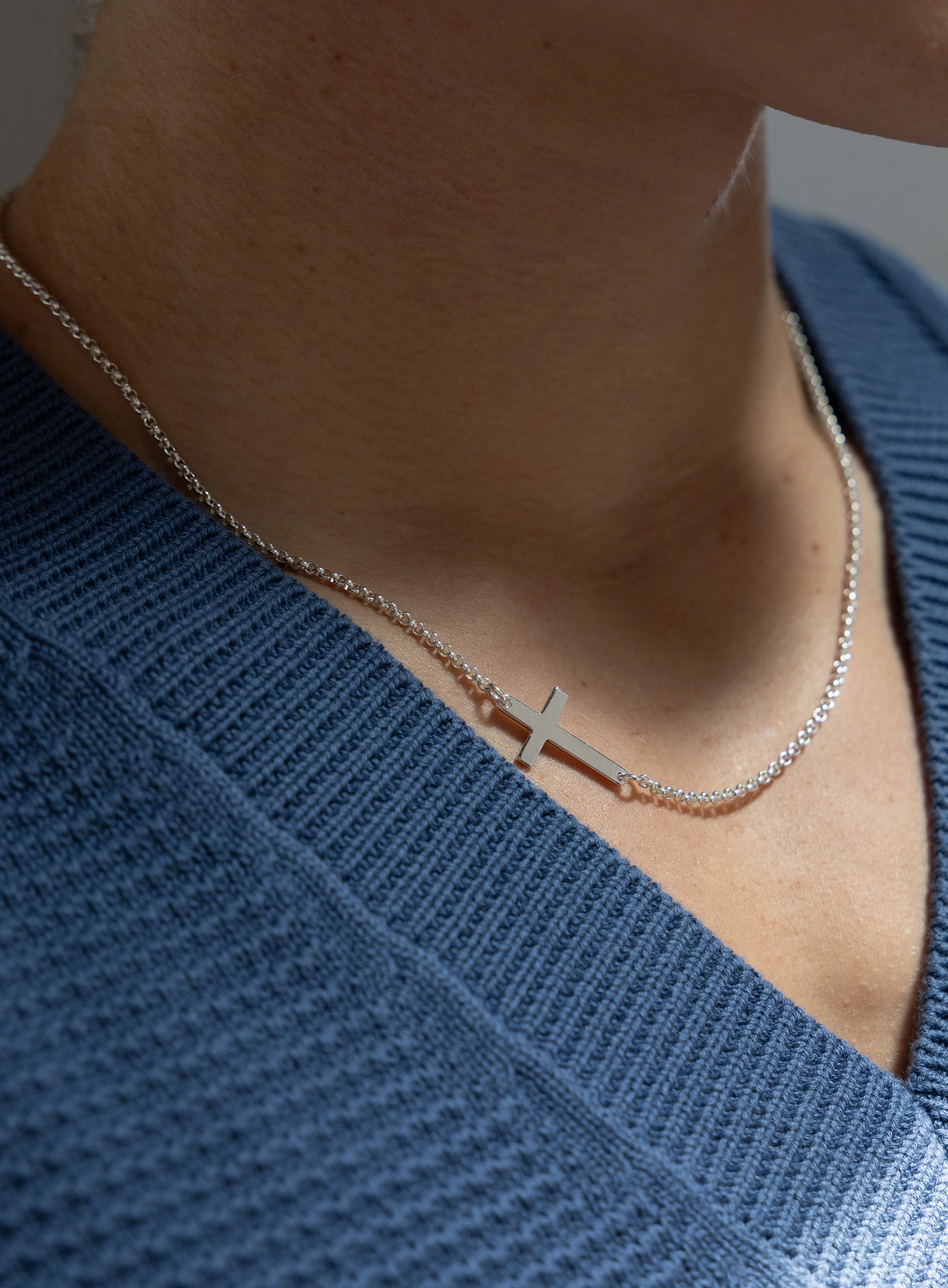 Sterling Silver Sideways Cross Pendant for Men on Rolo Chain - Image 3