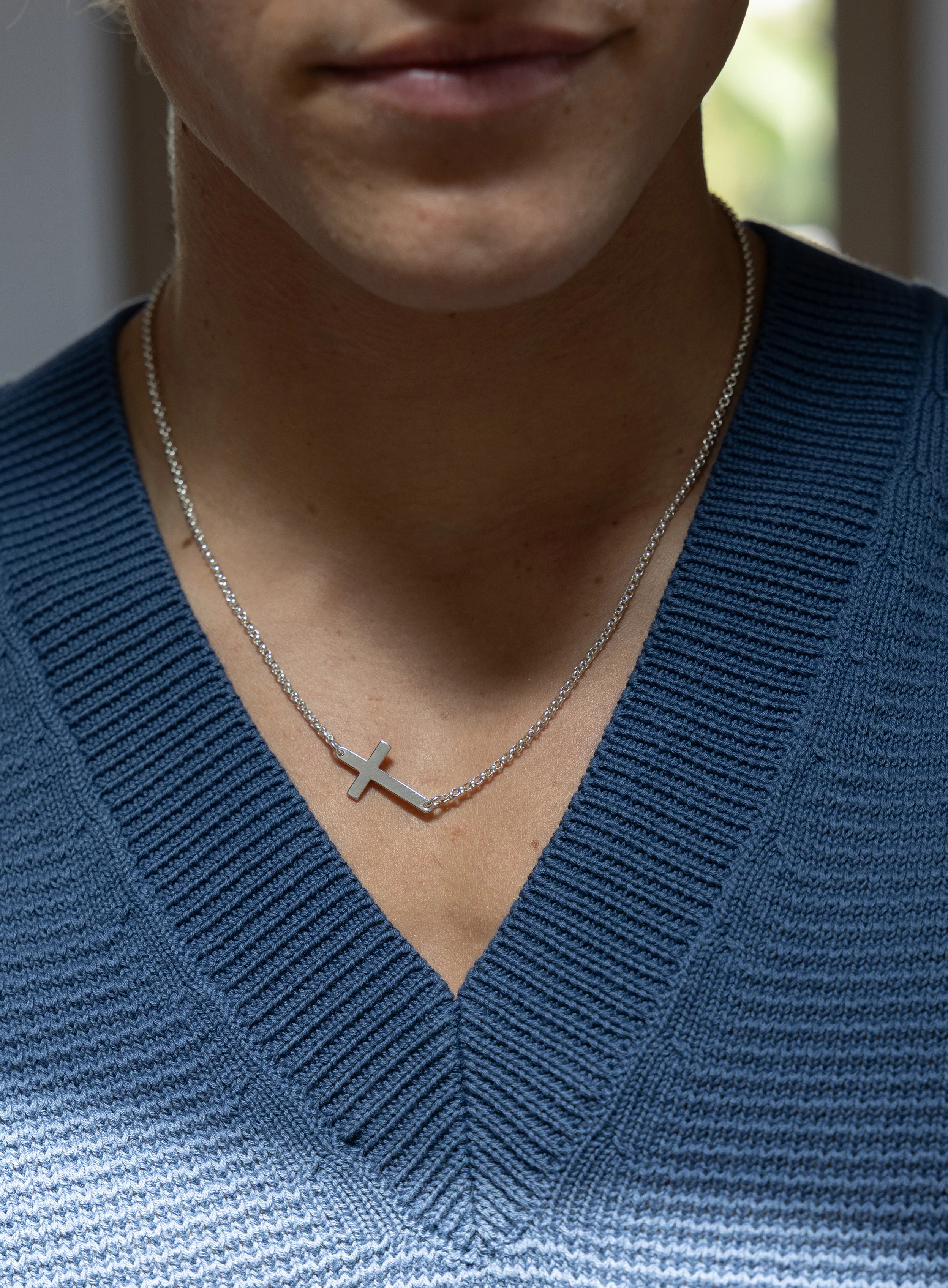 Sterling Silver Sideways Cross Pendant for Men on Rolo Chain - Image 4