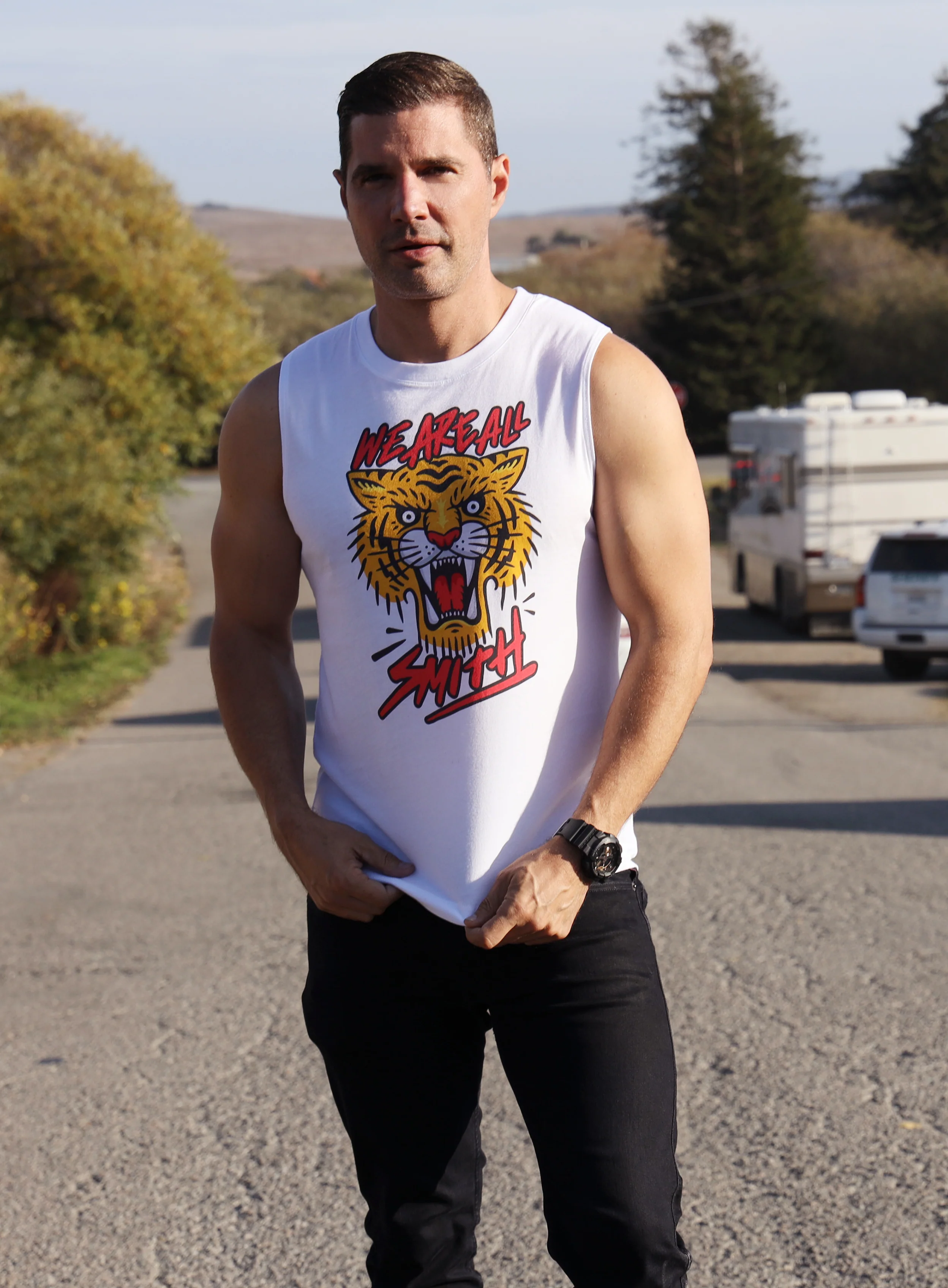 Tiger We Are All Smith Logo White Muscle Shirt - Image 2